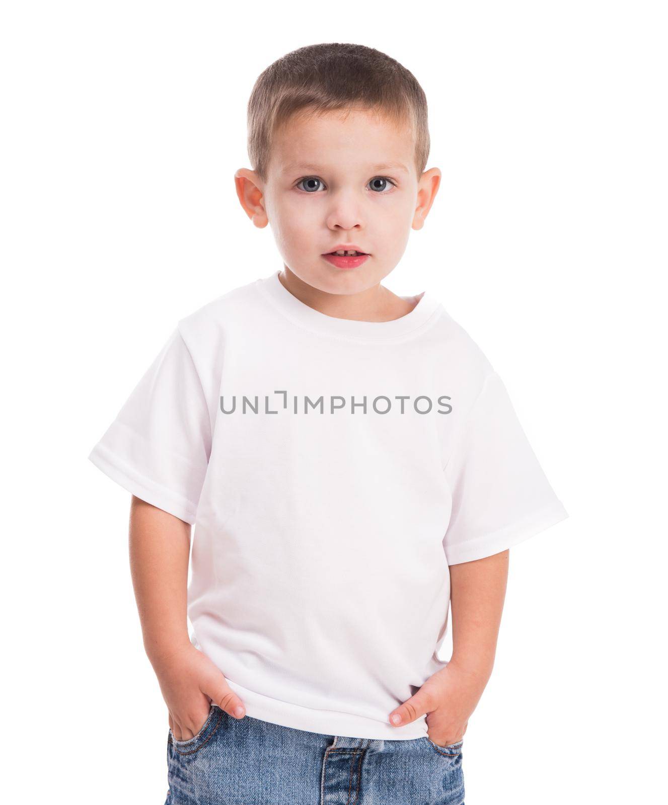 little boy in white shirt isolated on white background