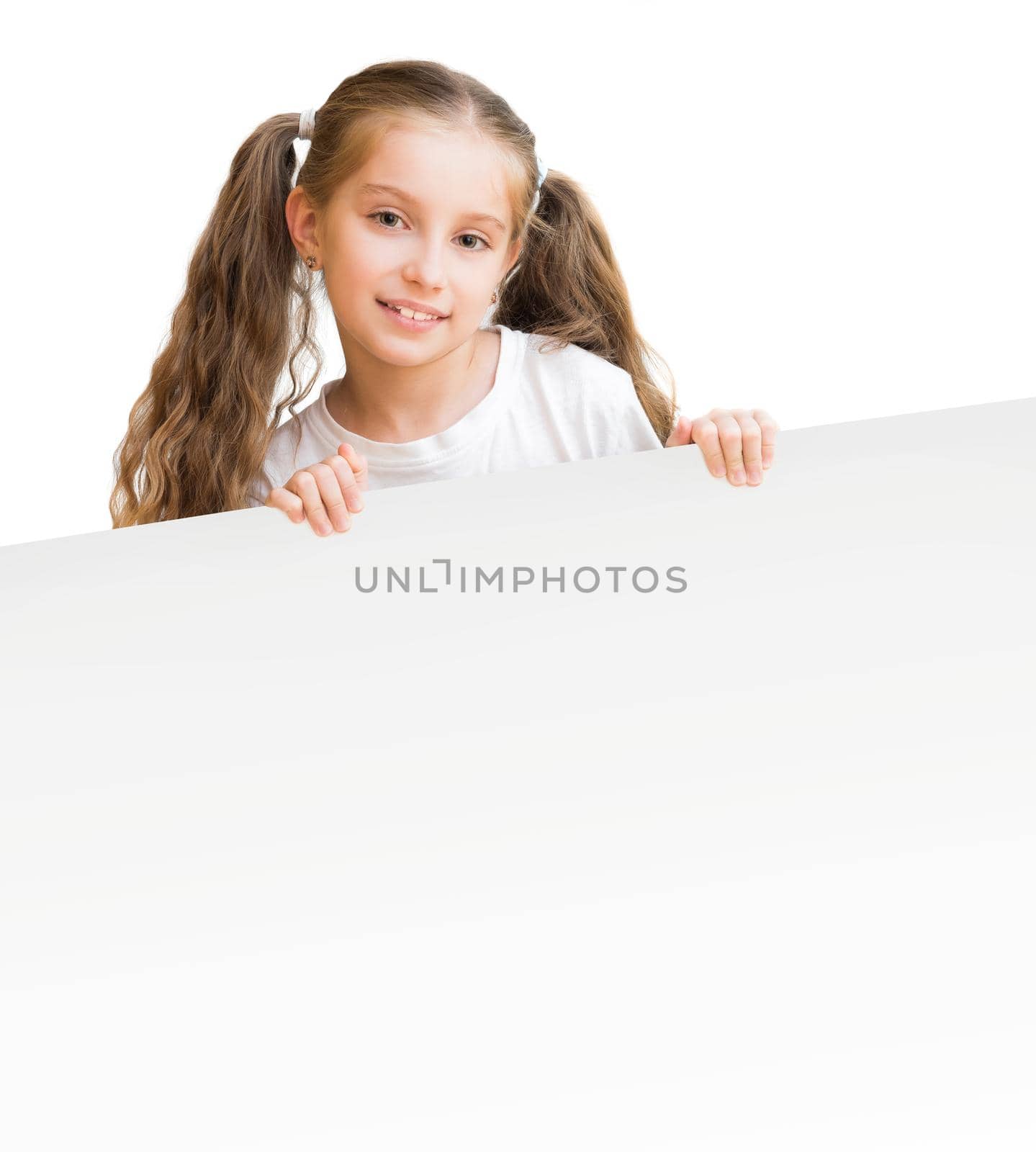 beautiful little girl with board isolated on a white background