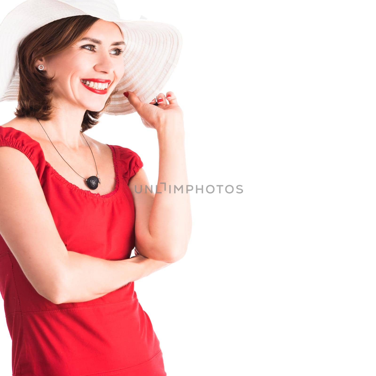 beautiful smiling girl with hat and red dress