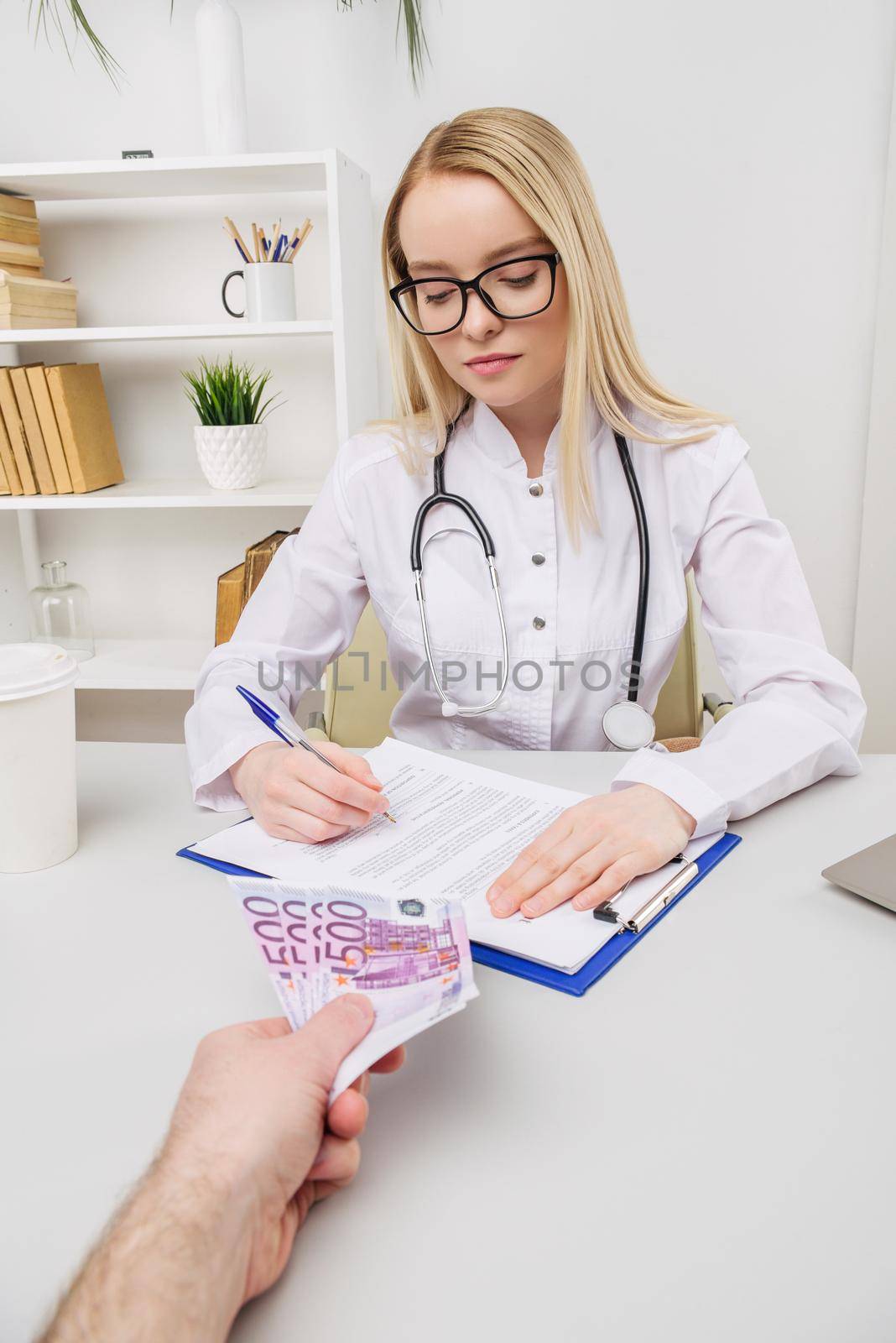 Woman doctor with stethoscope refusing bribes or kickbacks, currencies euro, patient giving money for medical services, concept of corruption - Image