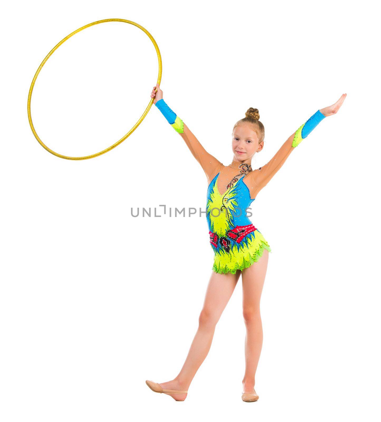 little gymnast doing an exercise with hoop isolated on white background