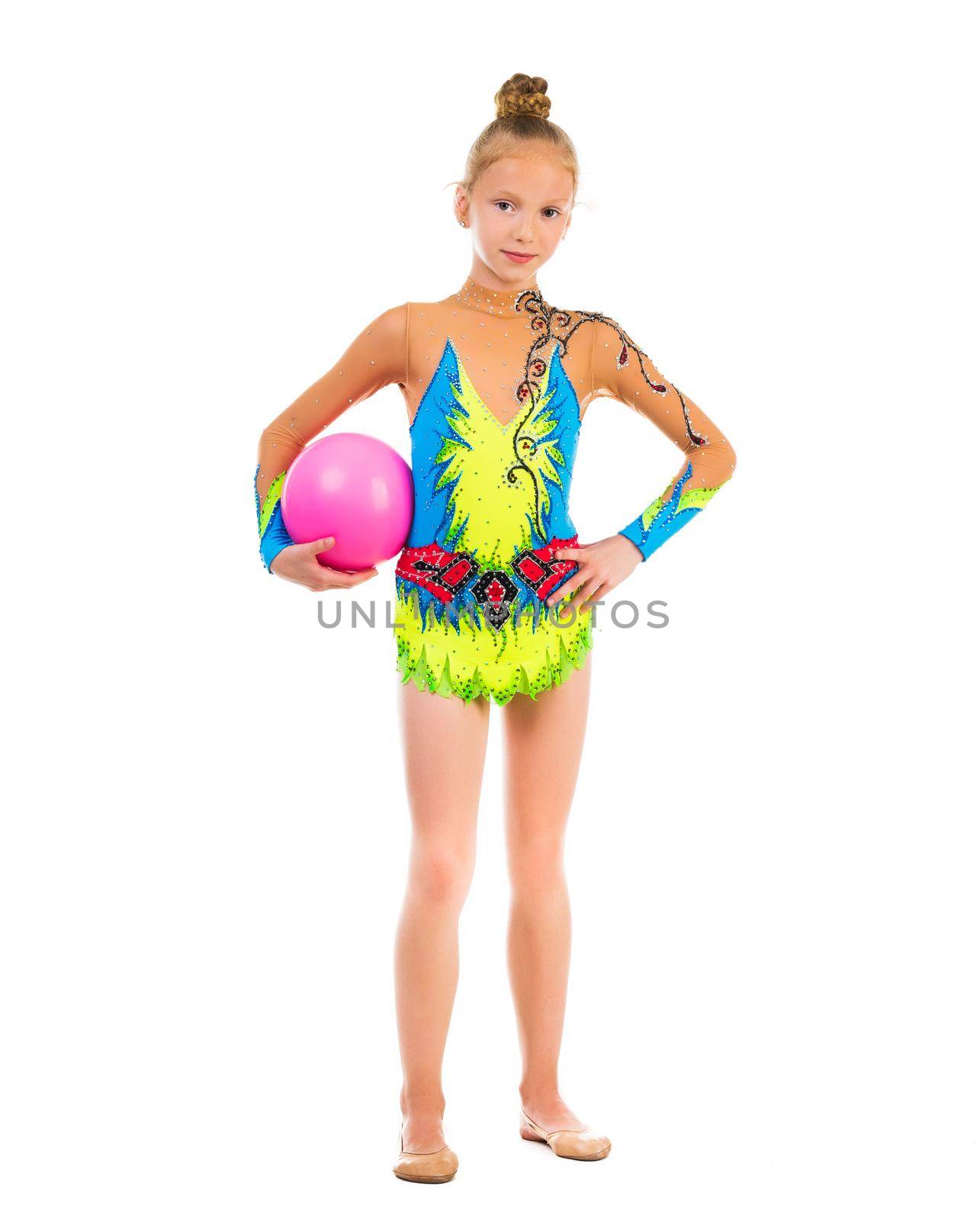 little gymnast doing an exercise with ball isolated on white background