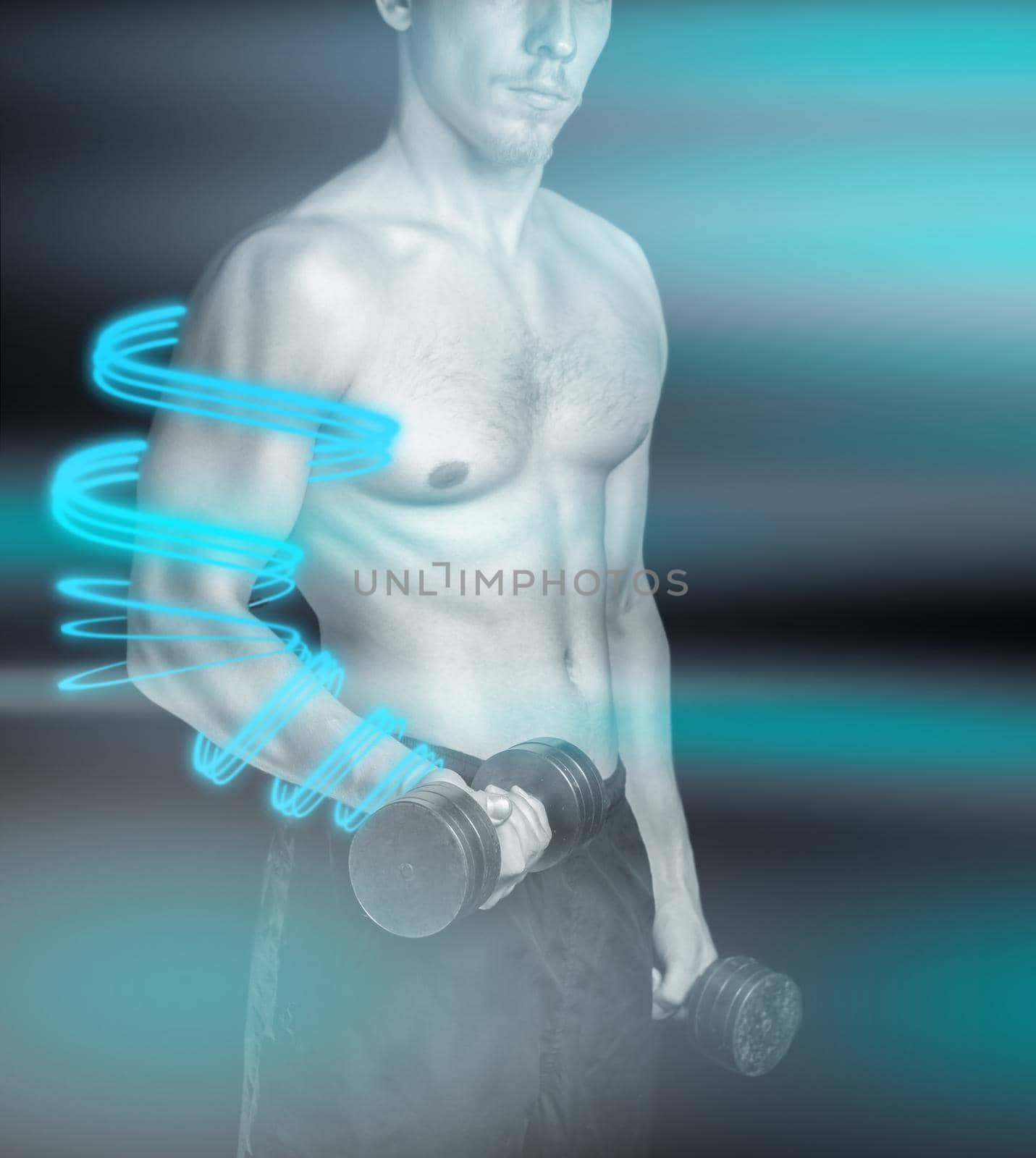 Man makes exercises with dumbbells, concept of strength by alexAleksei