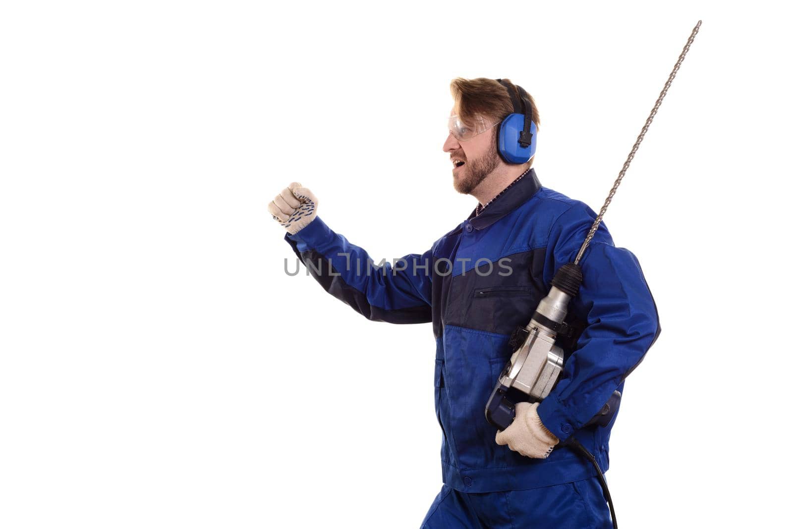 Construction worker with a puncher run on a white background