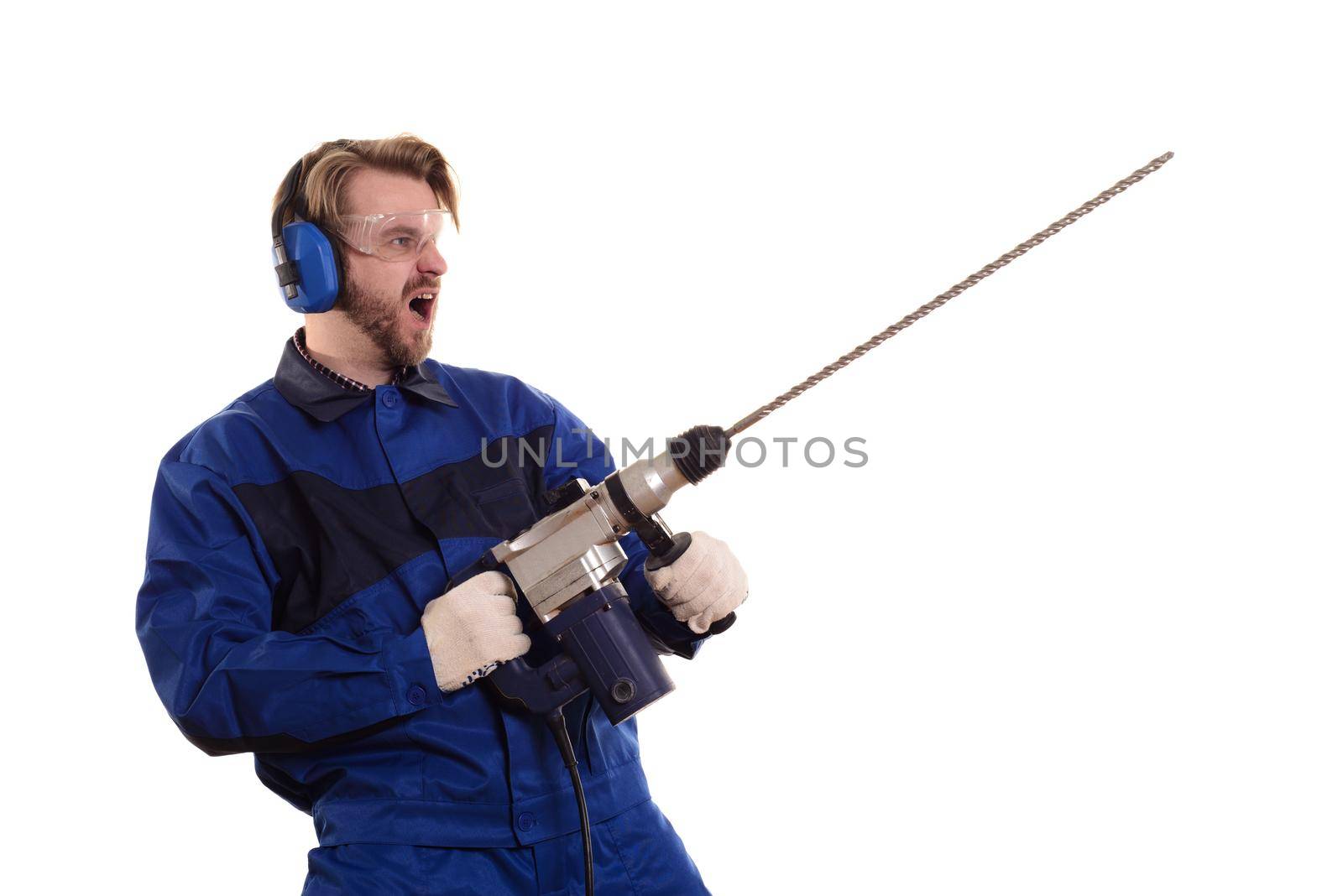 Crazy construction worker with a puncher on a white background