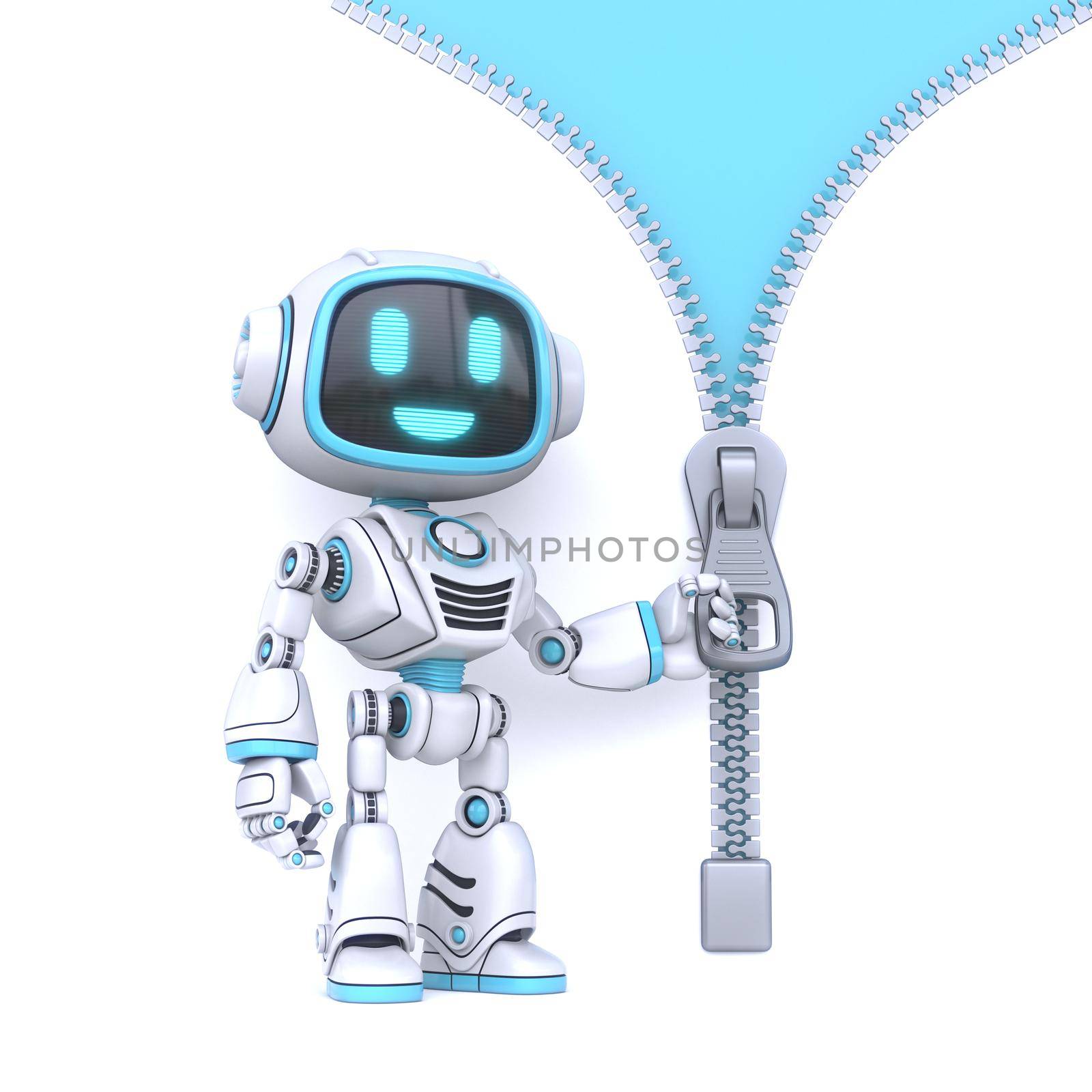 Cute blue robot open zipper background 3D rendering illustration isolated on white background