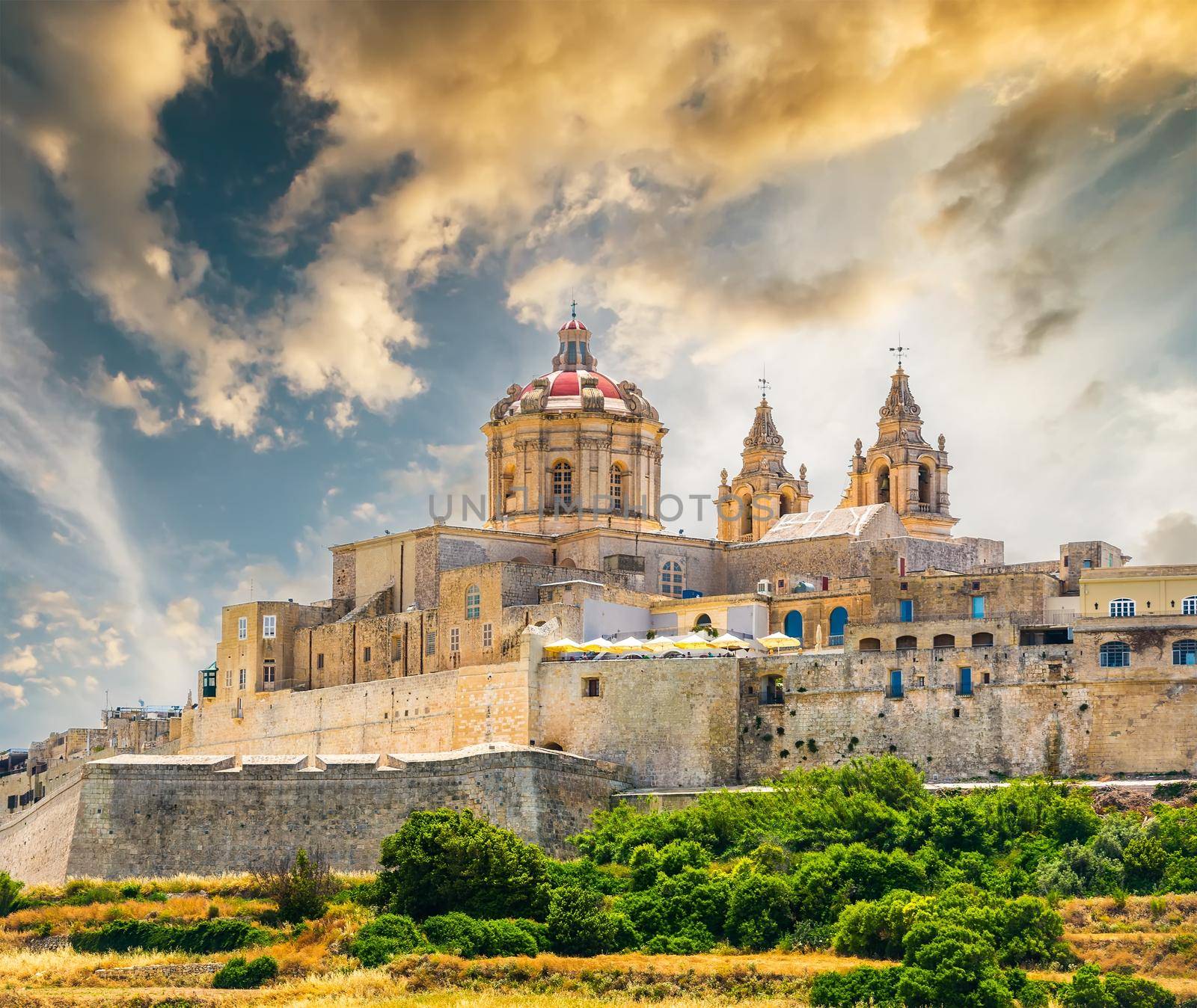 scenic view on historical town of Mdina in Malta at sunset