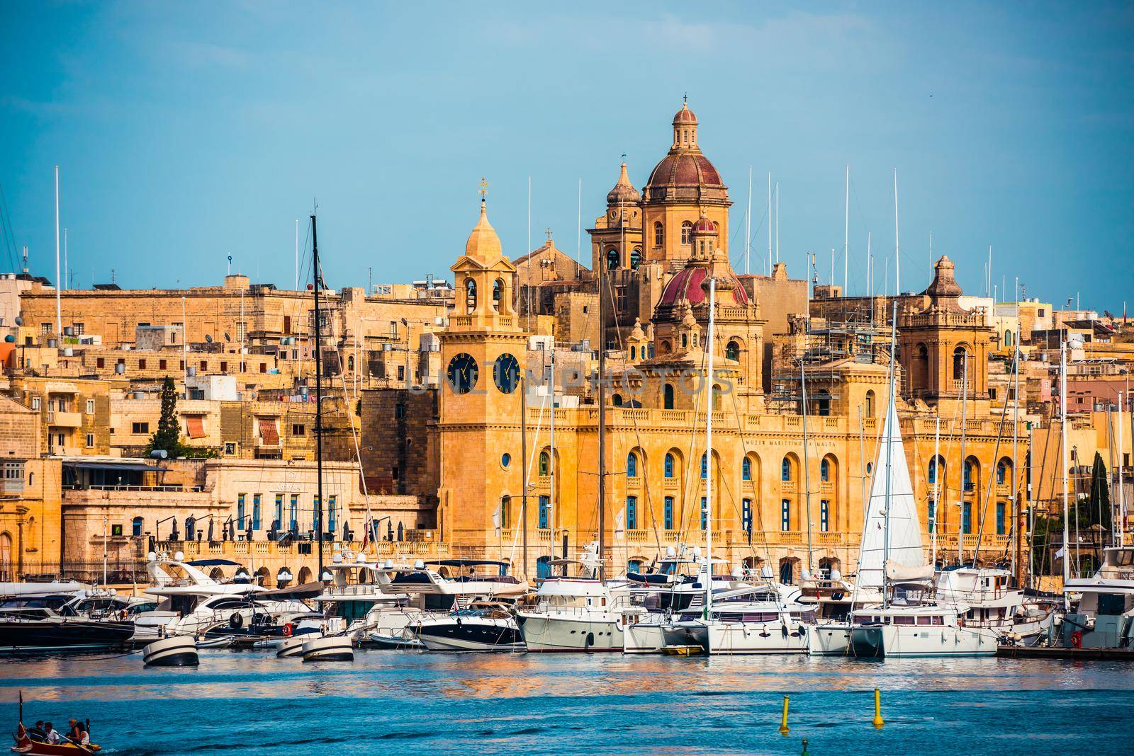 beautiful view on Birgu and the harbour with colorful boats in Malta
