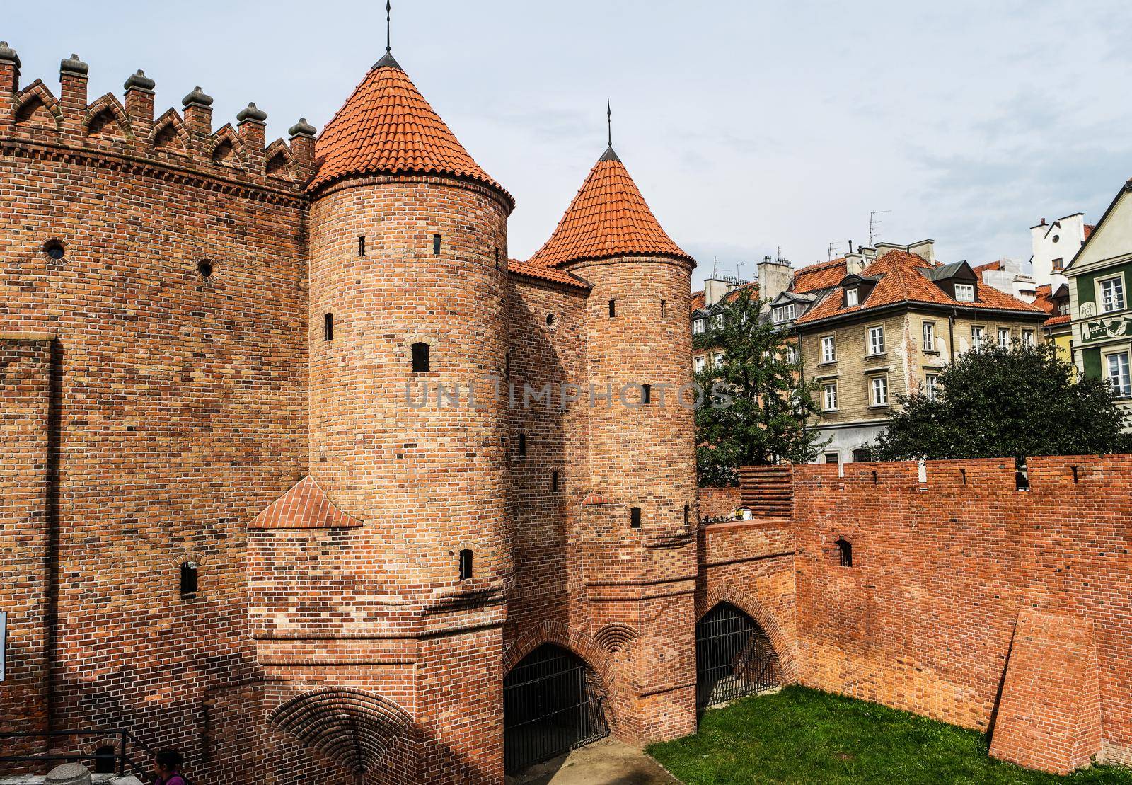 view on Barbakan walls and towers in Warsaw in Poland