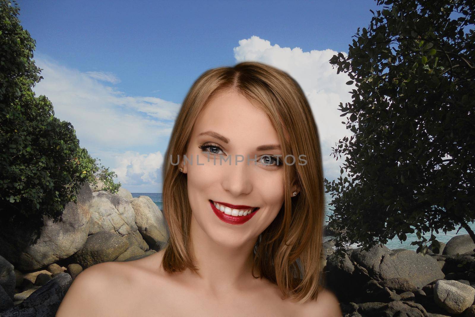 portrait of a girl on the background of the sea. photomontage