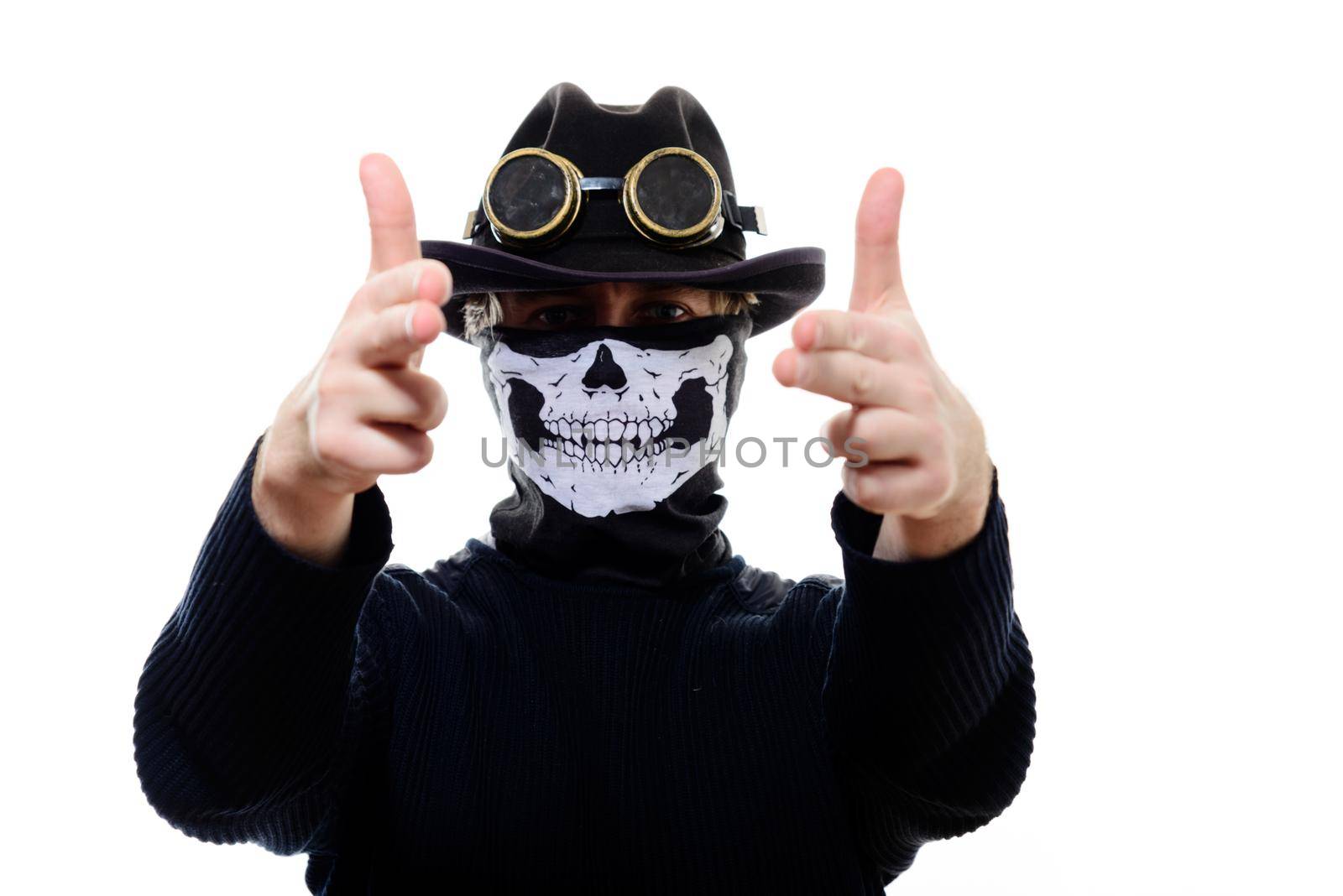 Portrait of a steampunk man in the hat and mask skeleton on white background.