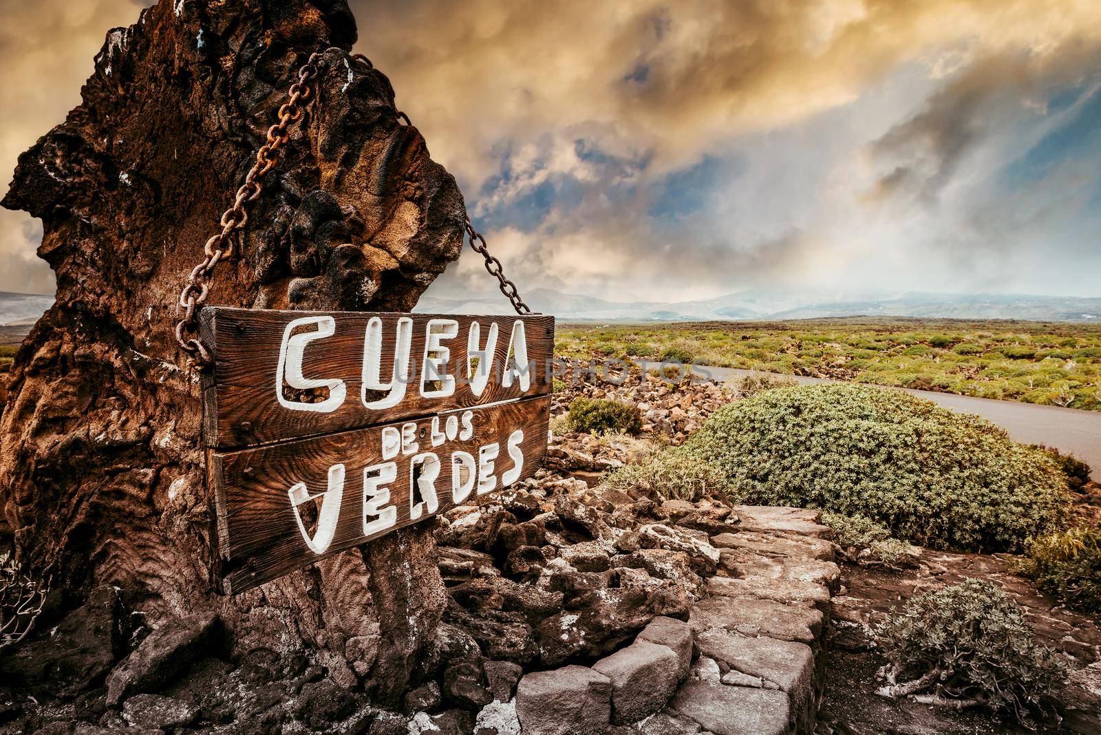 entrance and signboard to Cueva de los Verdes Cave, Lanzarote, Canary Islands, Spain