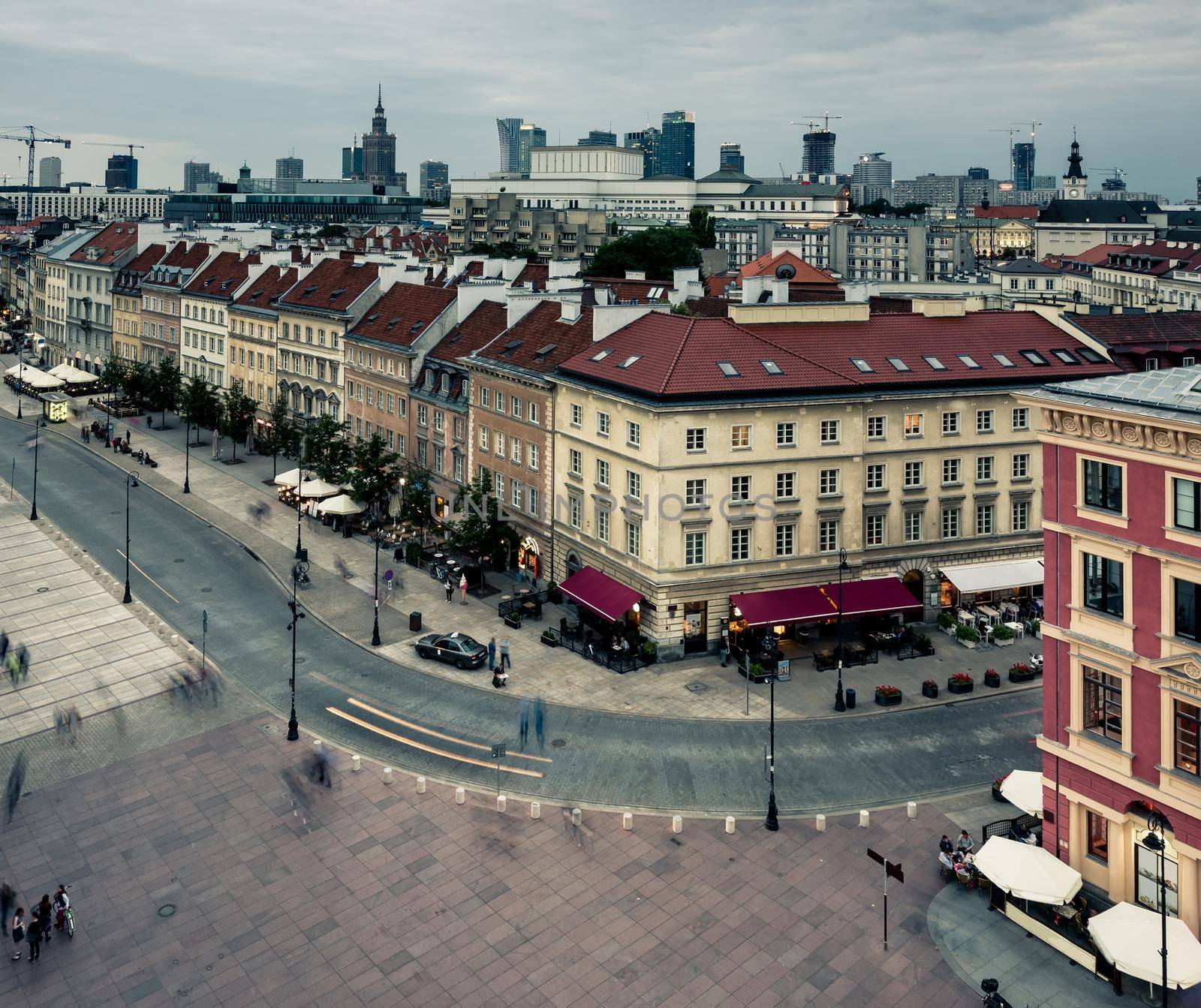 evening view of Warsaw center from the town hall, Poland