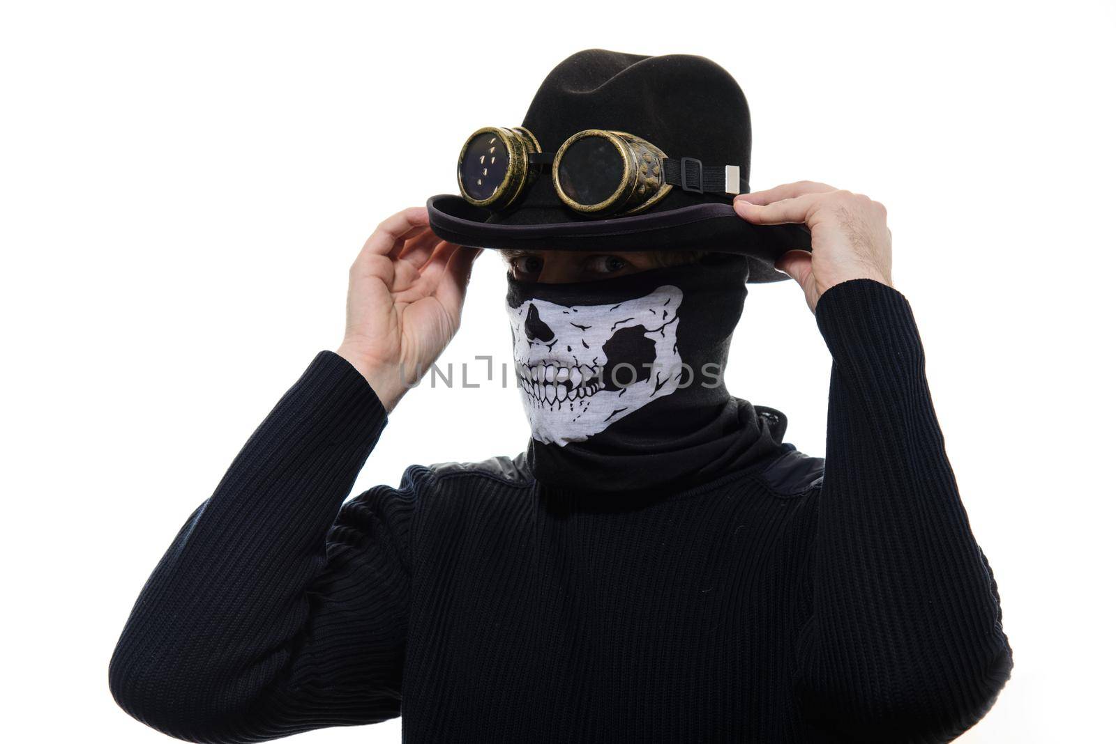 Portrait of a steampunk man in the hat and mask skeleton on white background.