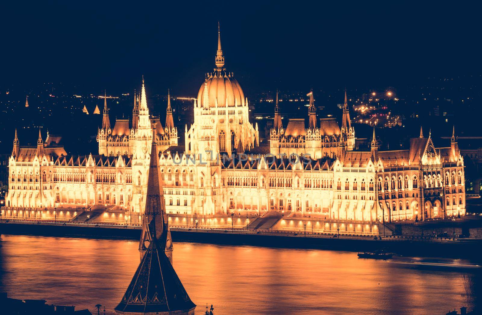 view on Hungarian Parliament from bastion at nighttime