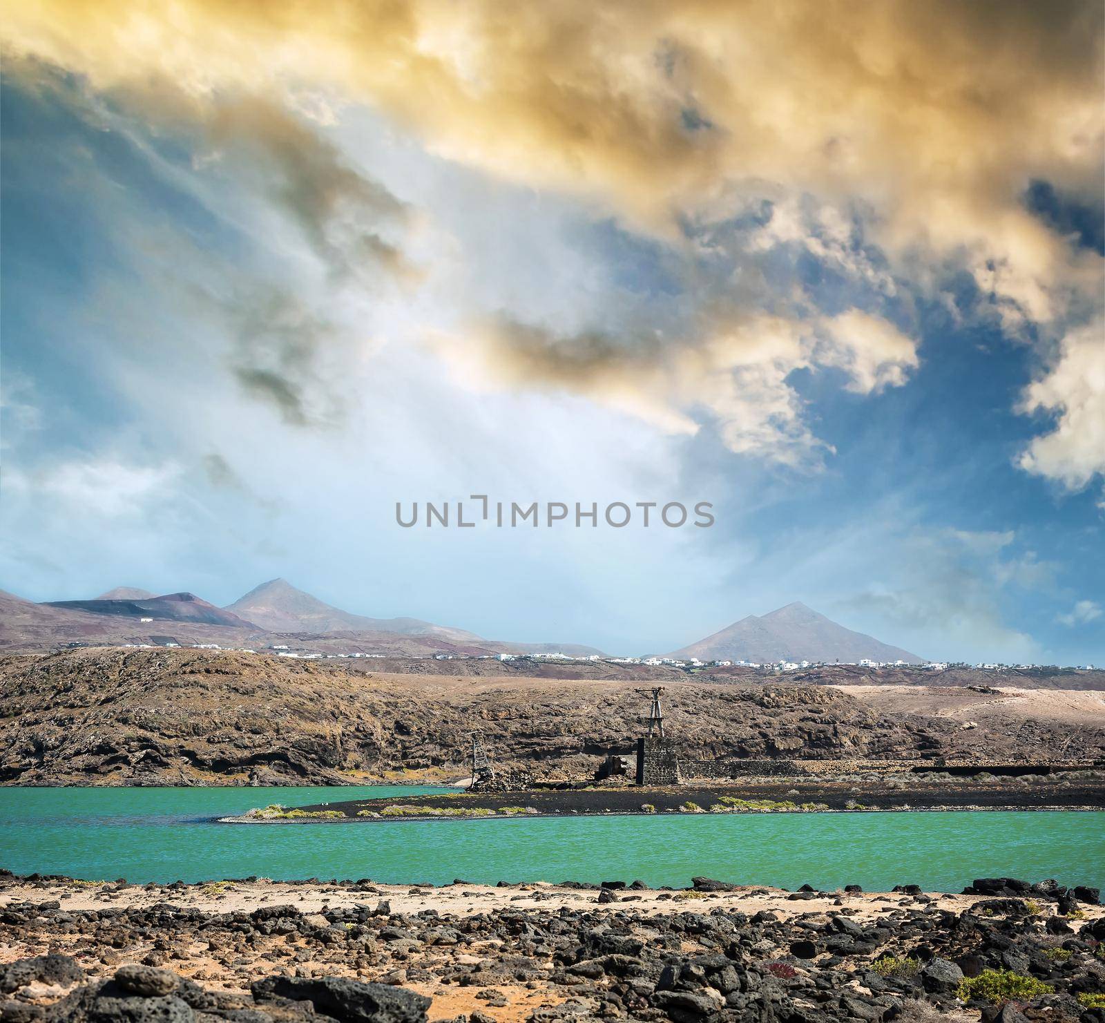 beautiful mountain landscape with a lake on the island of Lanzarote, Canary Islands