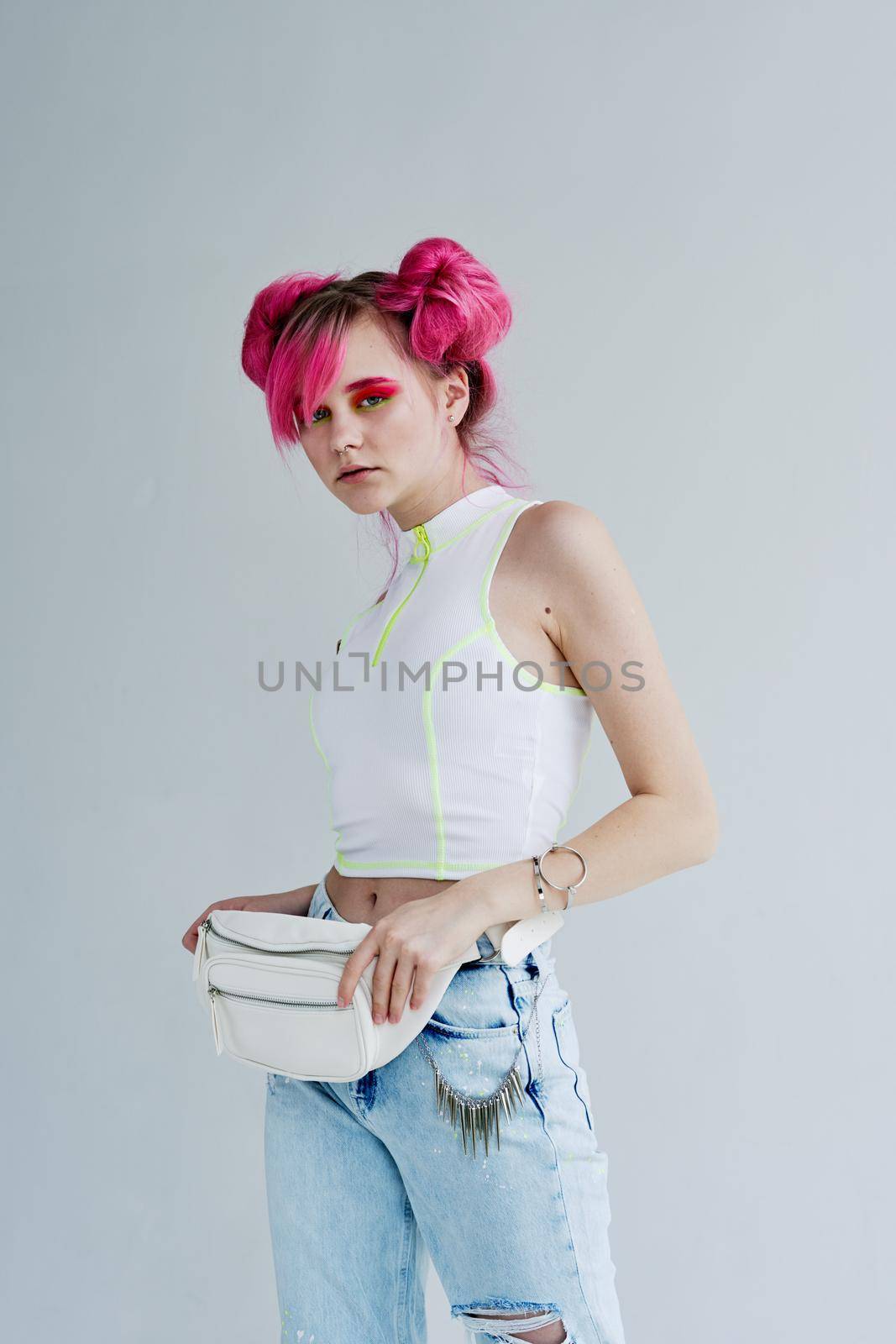 hipster woman with pink hair creative lifestyle fun design. High quality photo