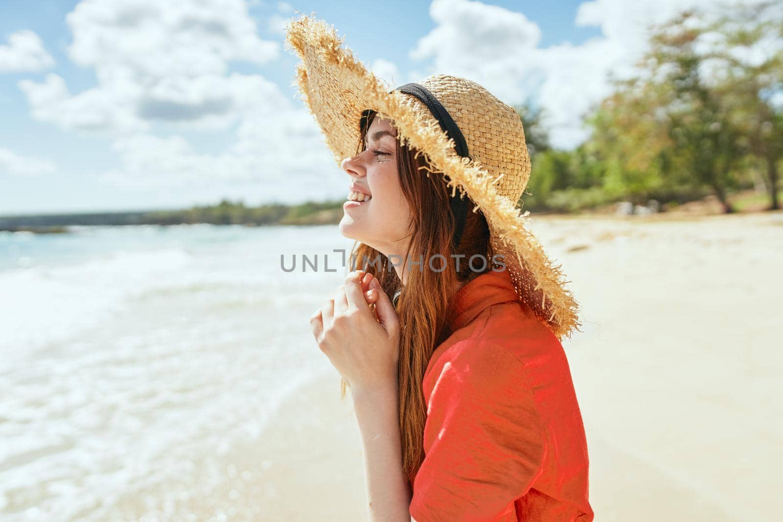 woman by the ocean beach start island landscape paradise. High quality photo