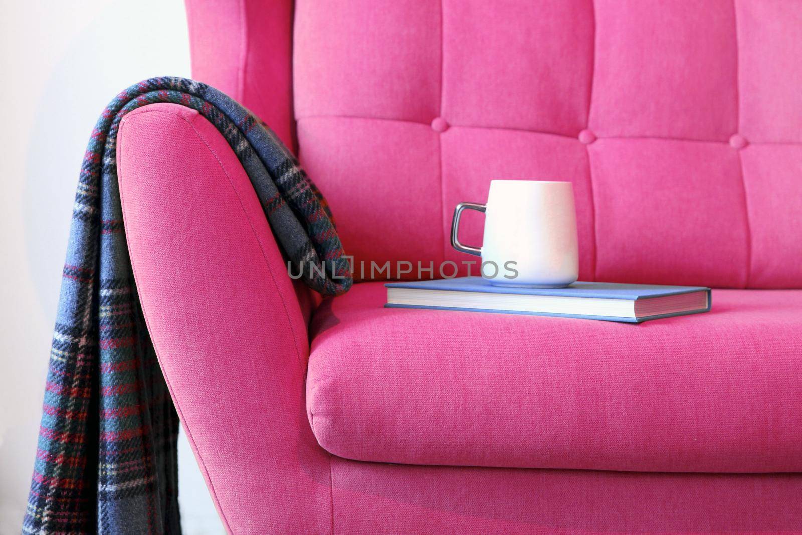 Cup of tea and blue book on a pink coach with blanket. Still life details in home interior of living room. Cozy home interior, home comfort concept, gender free interior. Modern interior in the living room. by julija