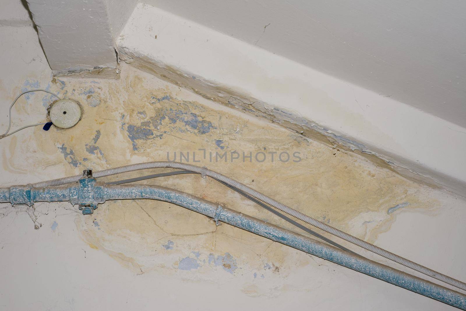 Big wet spots and cracks and black mold on the wall of the domestic house room after heavy rain and lot of water - Image