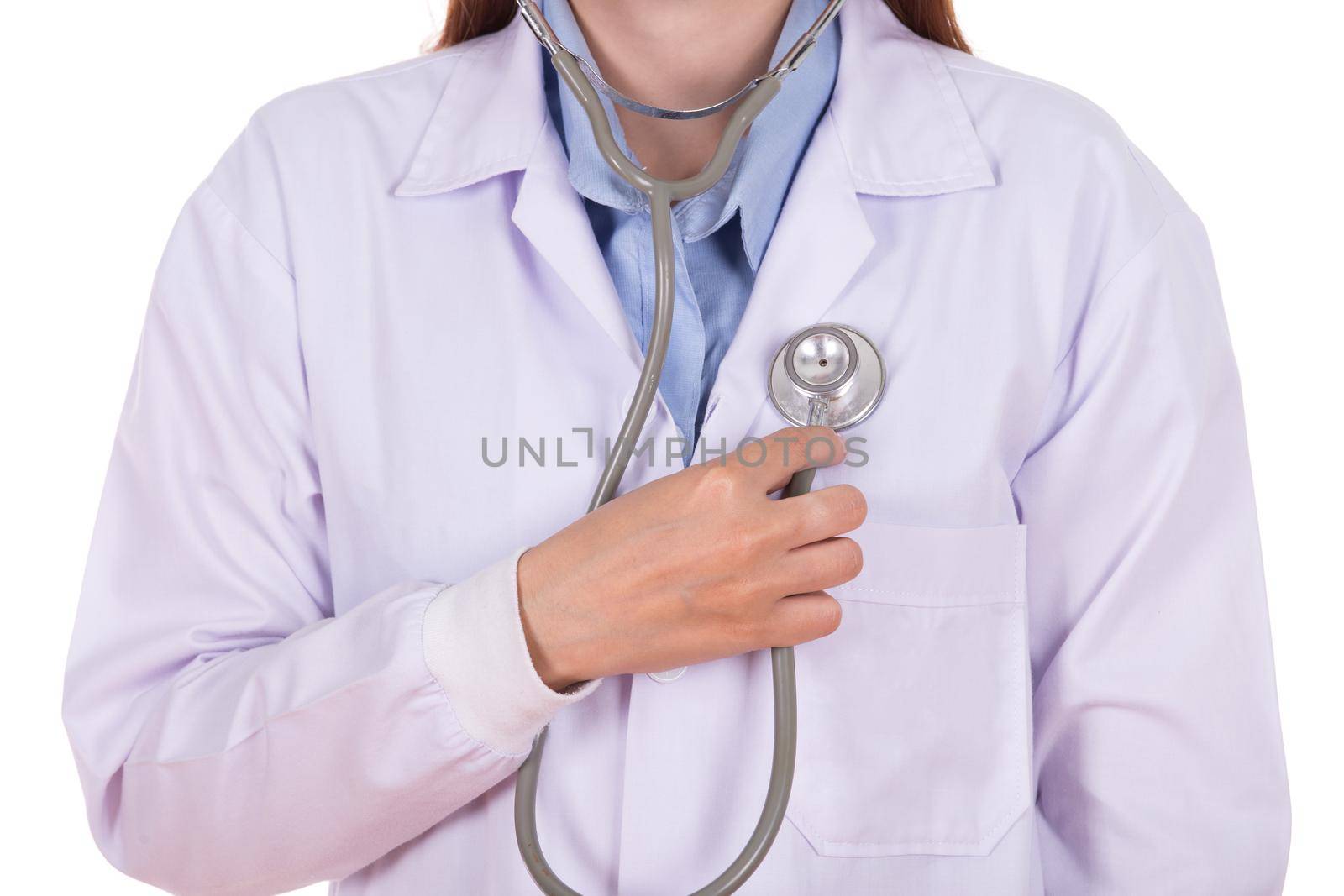 close up stethoscope with female doctor isolated on white background