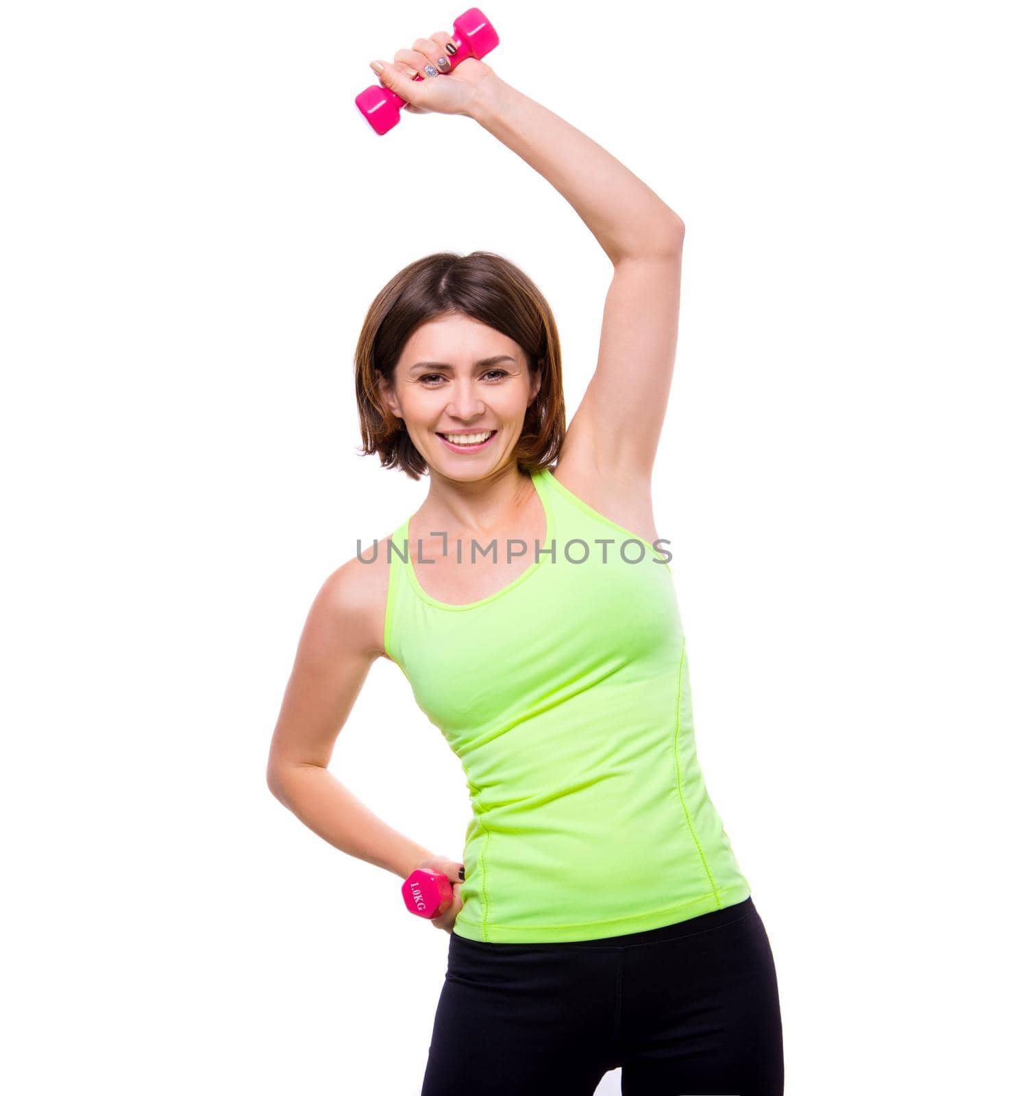 sport woman doing side bends with dumbbells isolated on white background