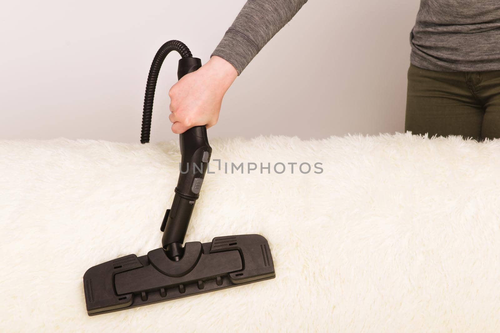 Young woman with a steam cleaner cleans the carpet on the couch - Image