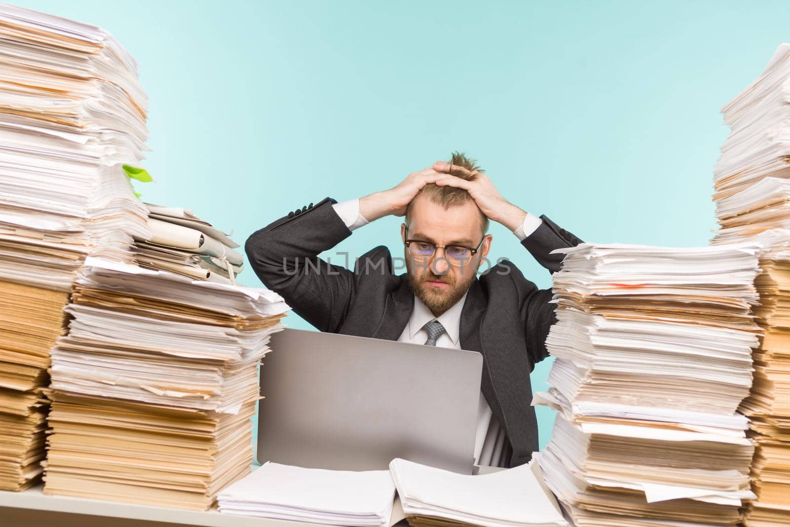 Businessman feeling sad and angry because of suffer loss of money from his business.Concept picture of fail, financial, income, give up and despair. - image