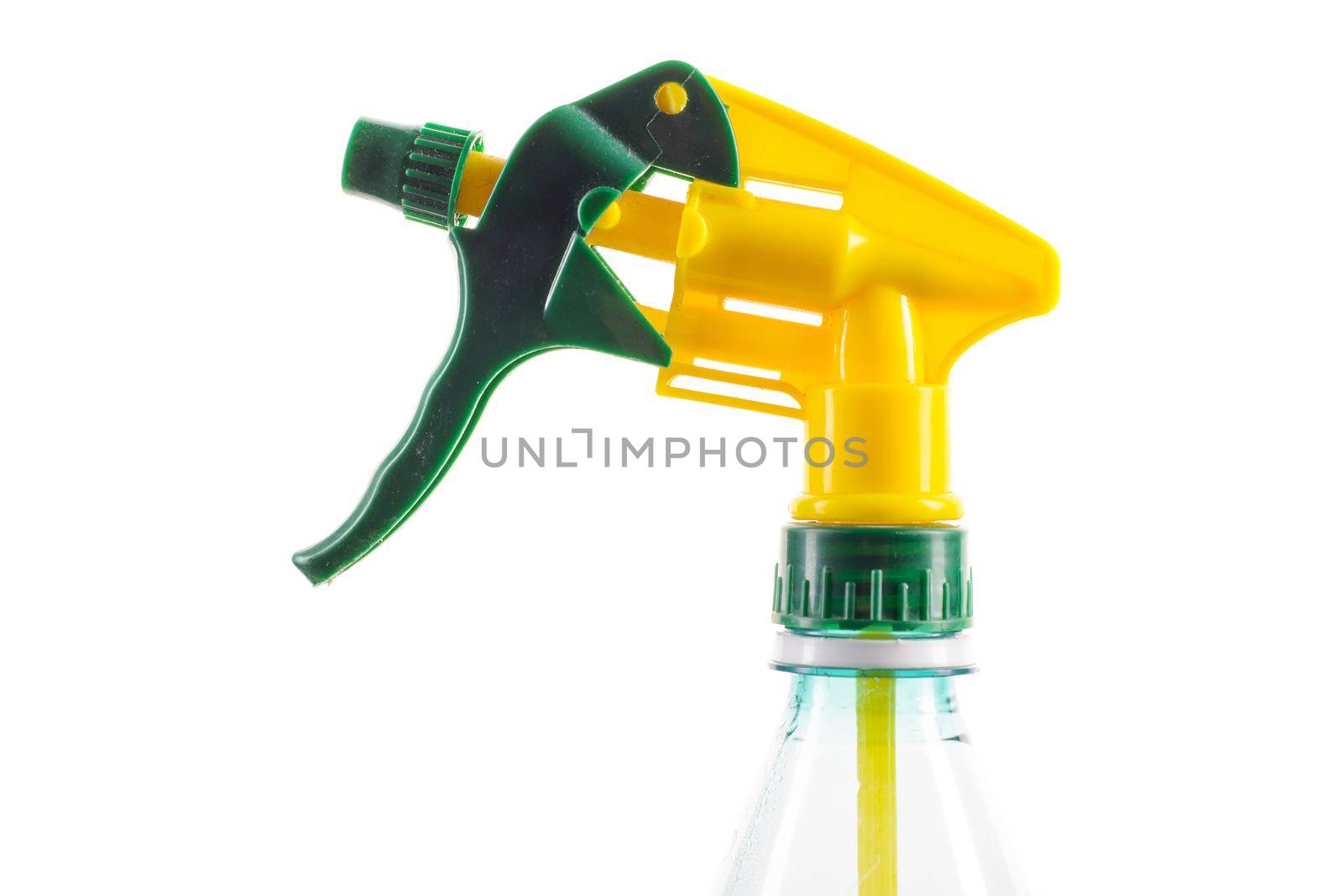 spray for indoor plants on a plastic bottle isolated on white background.