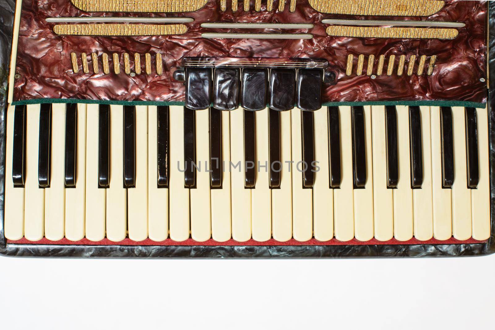 Details of an old accordion, closeup view.