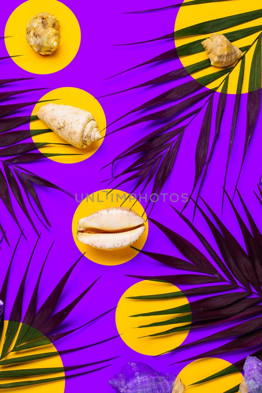 Flat lay traveler accessories with palm leaf, seashells . Top view travel or vacation concept. Summer background.