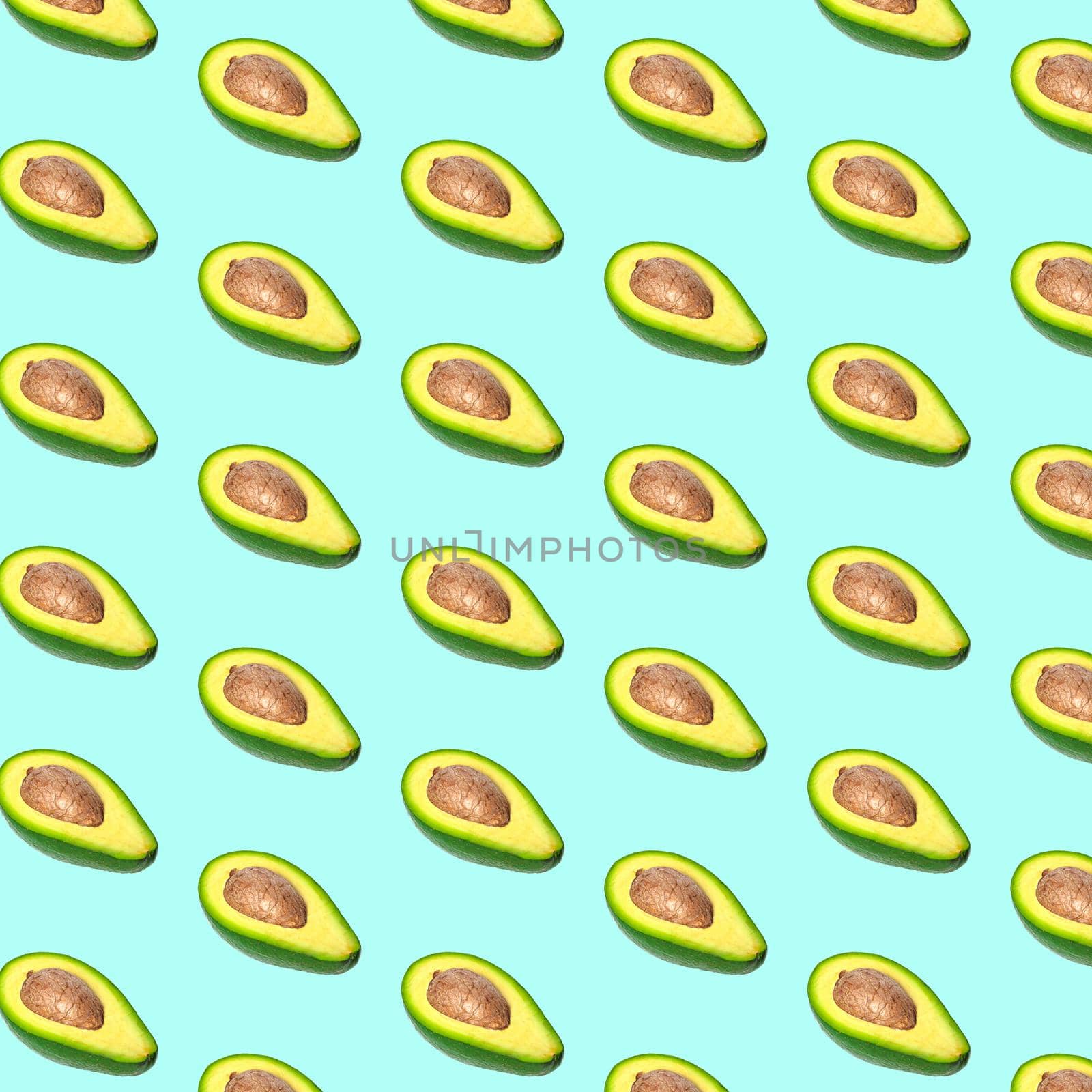Avocado pattern on color background. Top view. Banner. Pop art design, creative summer food concept by Fabrikasimf
