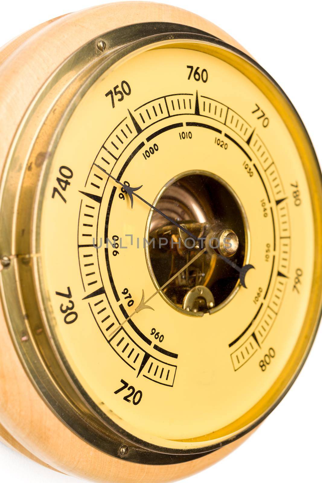 Vintage style barometer isolated on white wall background - image