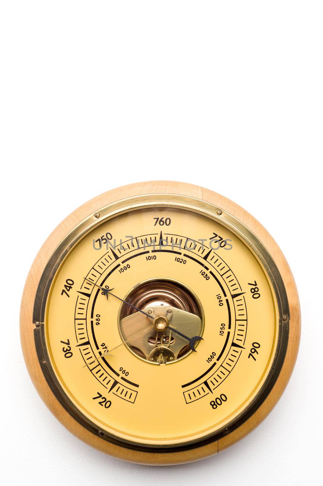 Vintage style barometer isolated on white wall background - image