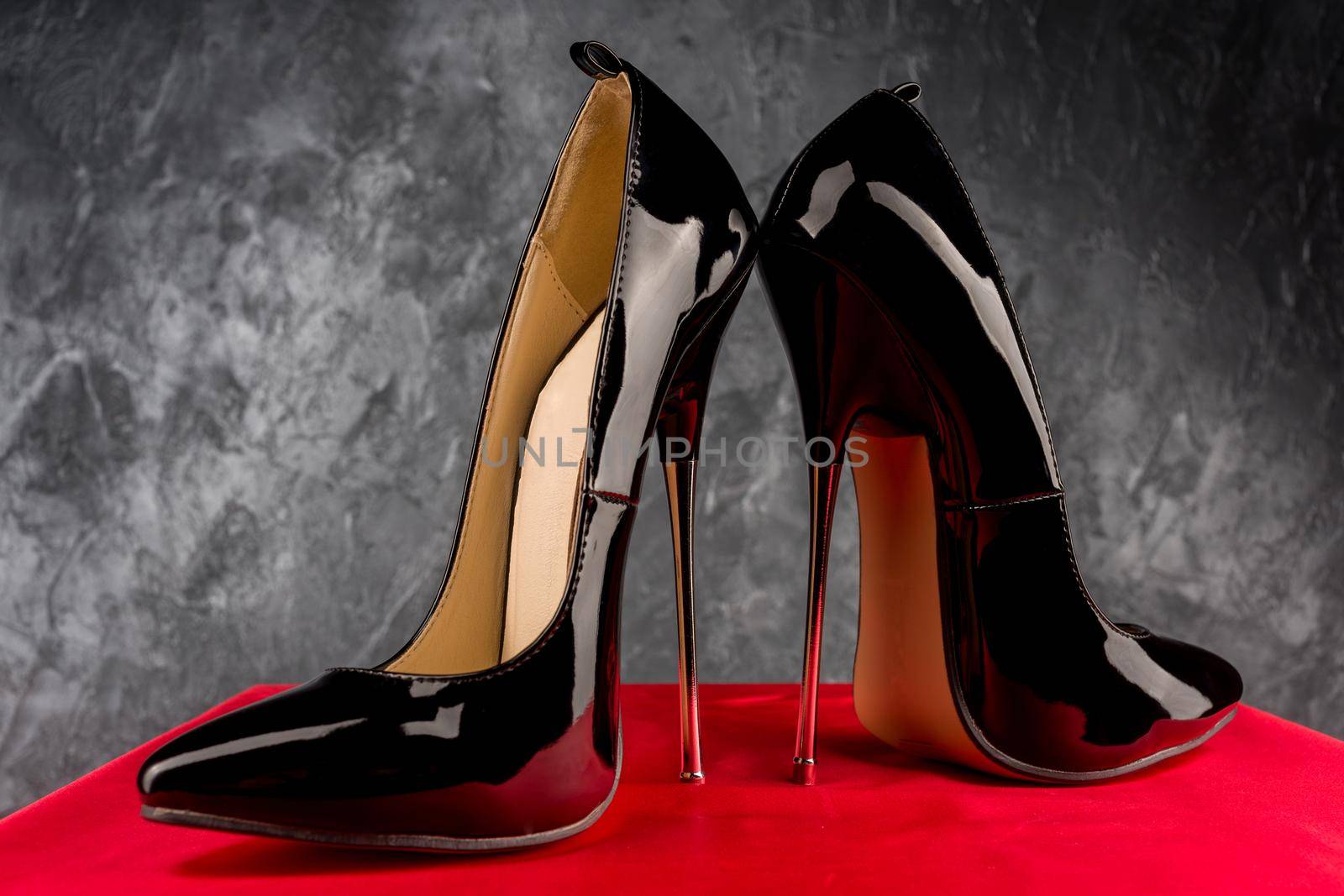 Black fetish shiny patent leather stiletto high heels with ankle strap by zartarn