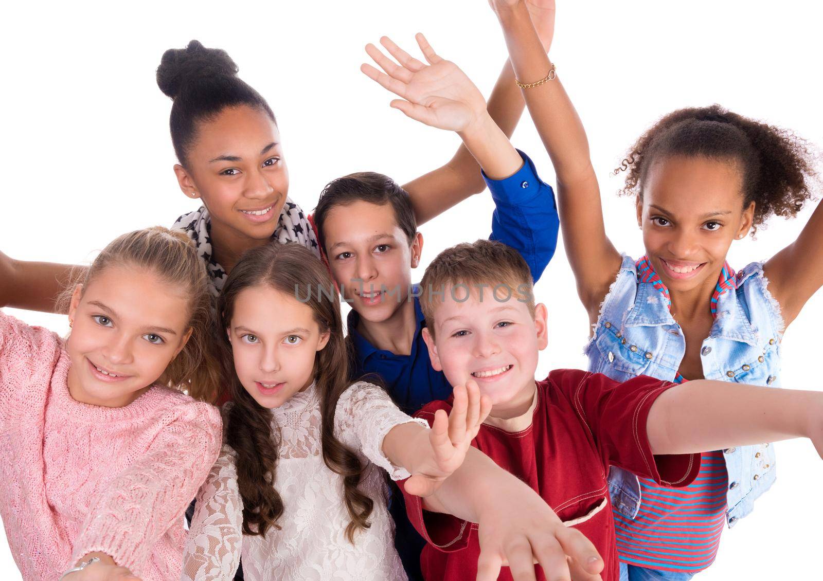 joyful teenage children with hands up top view by GekaSkr