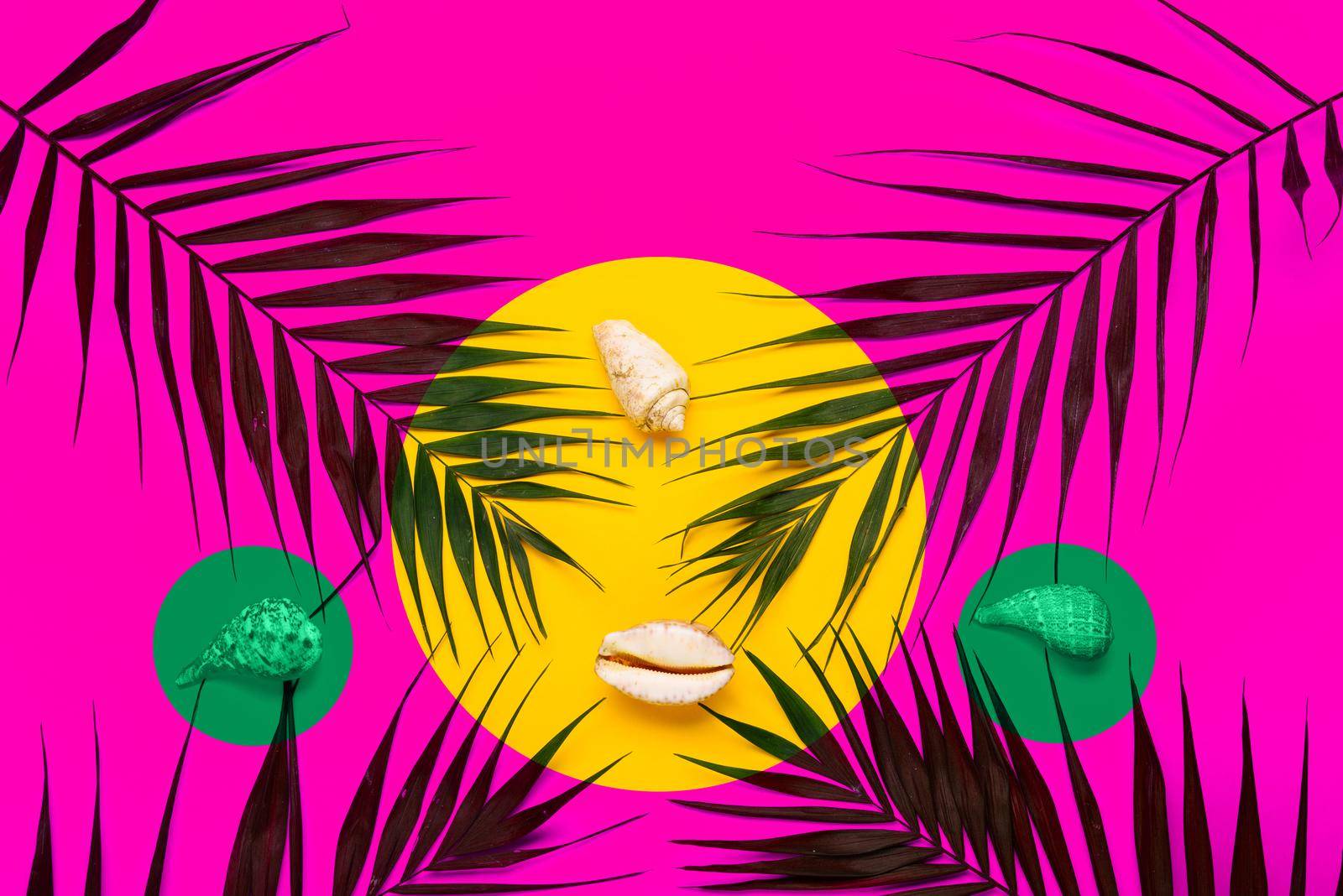 Flat lay traveler accessories with palm leaf, seashells . Top view travel or vacation concept. Summer background.