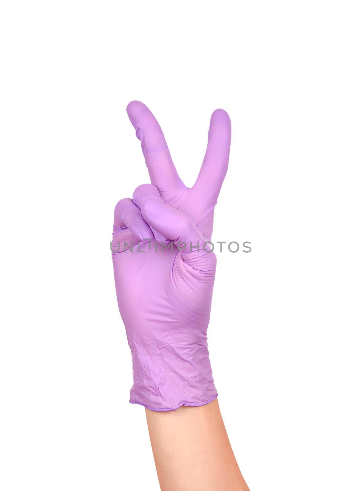 Hand peace gesture. Sign of victory. Hand in a purple latex glove isolated on white. Woman's hand gesture or sign isolated on white.