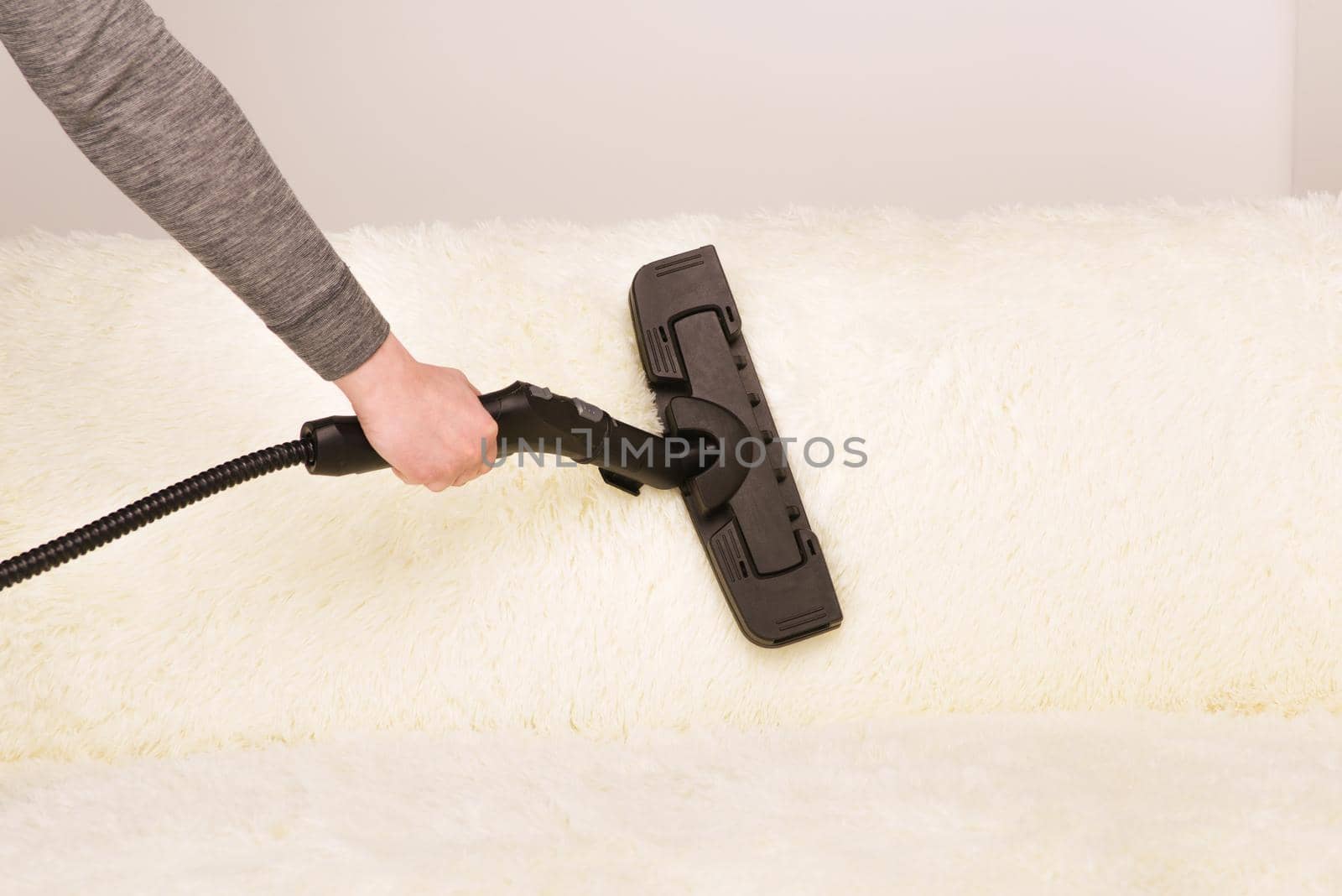 Young woman with a steam cleaner cleans the carpet on the couch - Image