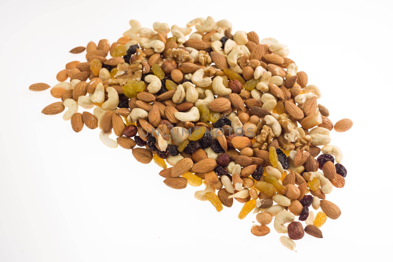Mix of nuts and dried fruits. Cashew, almonds, macadamia, hazelnuts, Brazilian, walnuts, raisins, peanuts - image