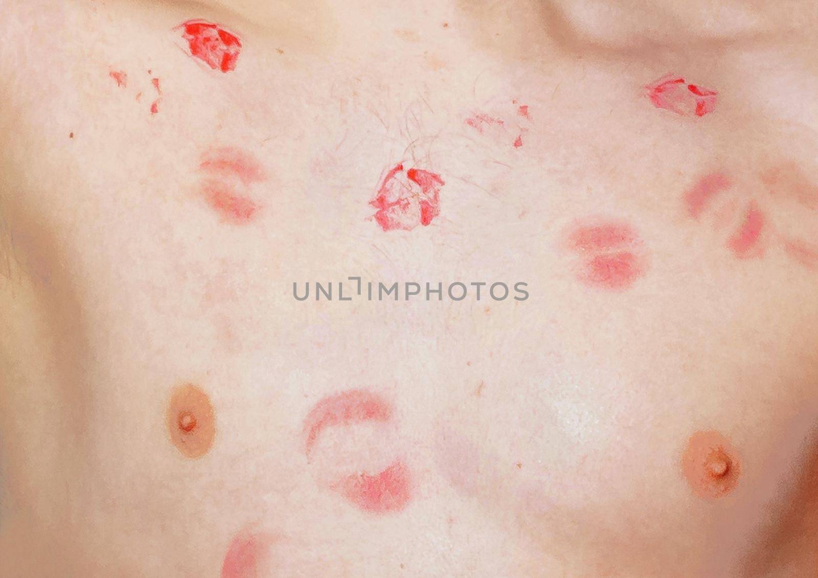 Traces of kisses of red lipstick on the body and chest of a guy, close-up.