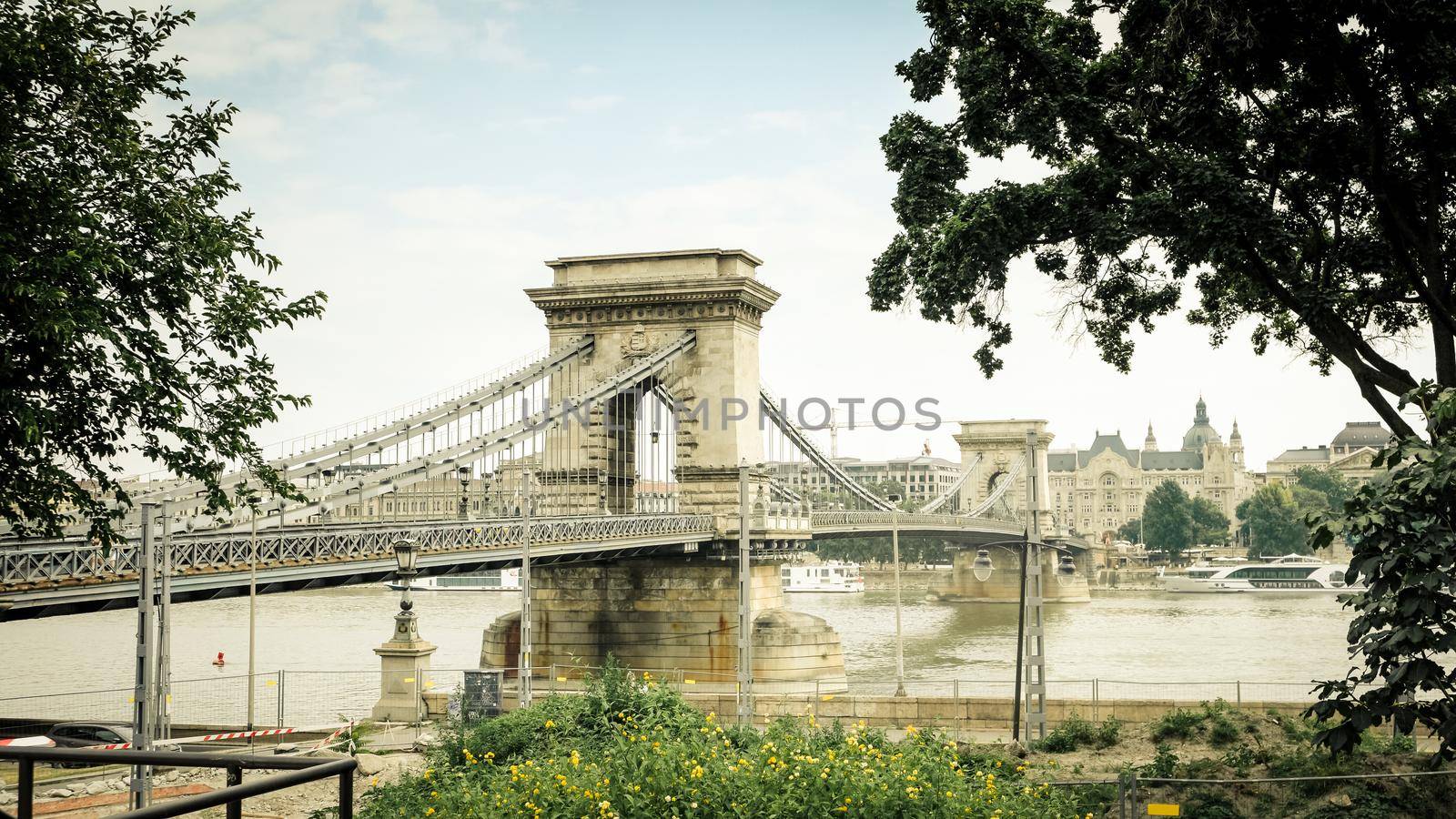 Szechenyi (Chain) bridge crossing Danube in Budapest, Hungary