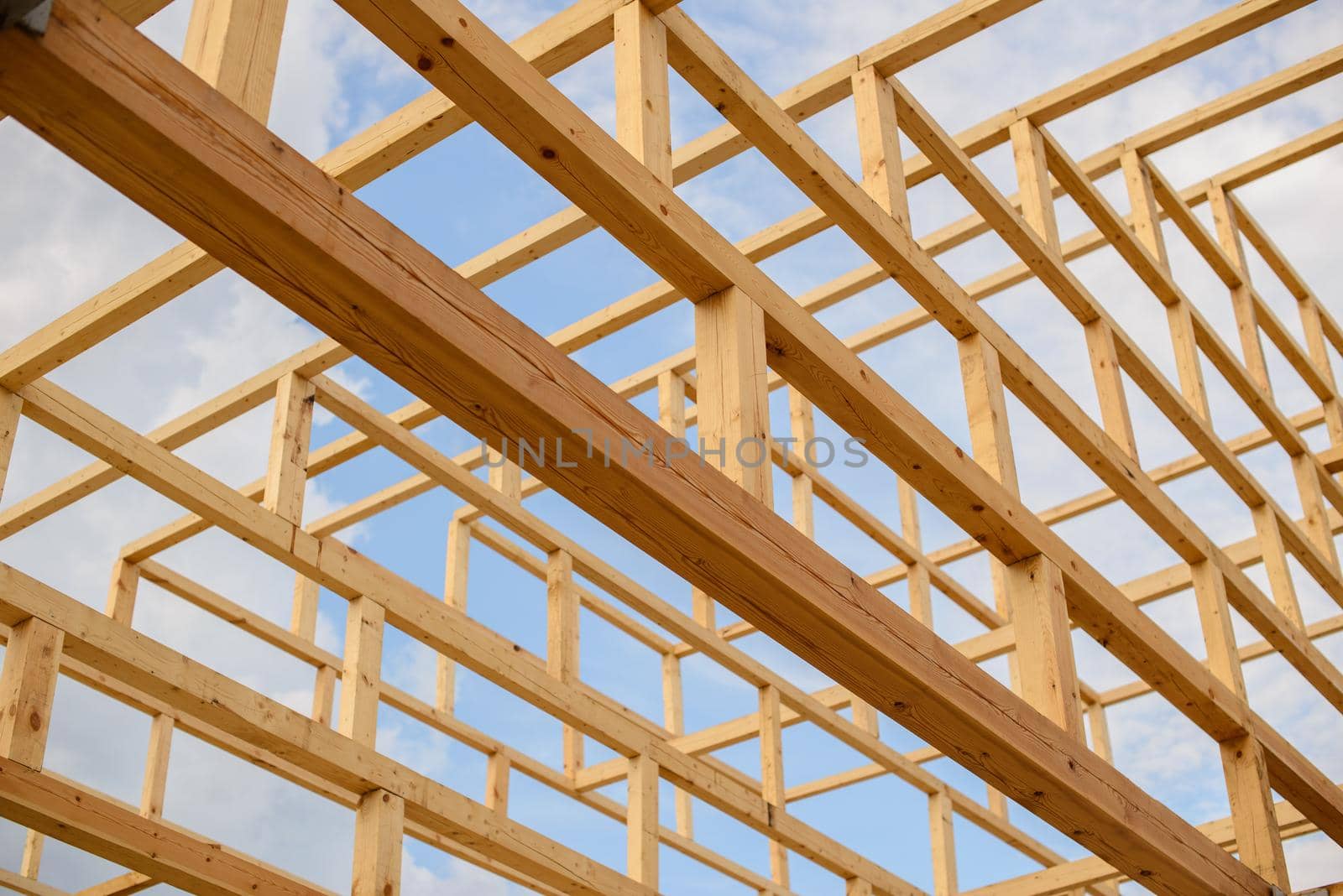 The elements constituting the roof of the wooden beams of the Japanese pagoda on the background of the sky