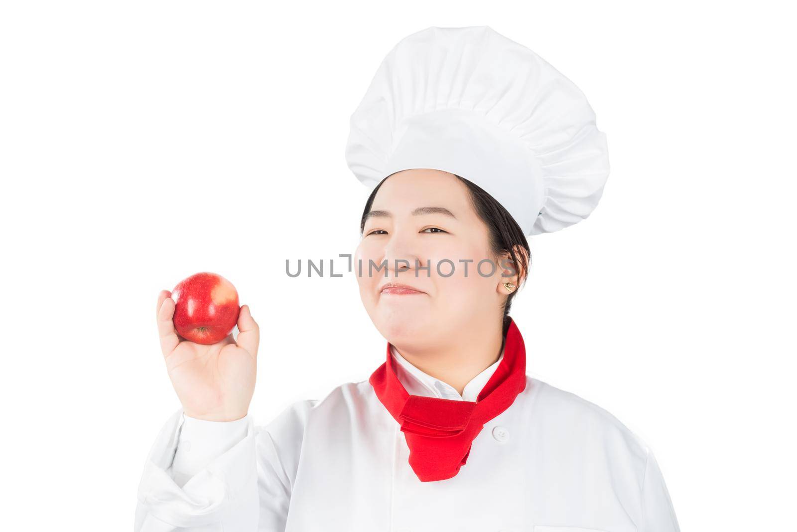 cooking and food concept - smiling female chef, holding a red apple