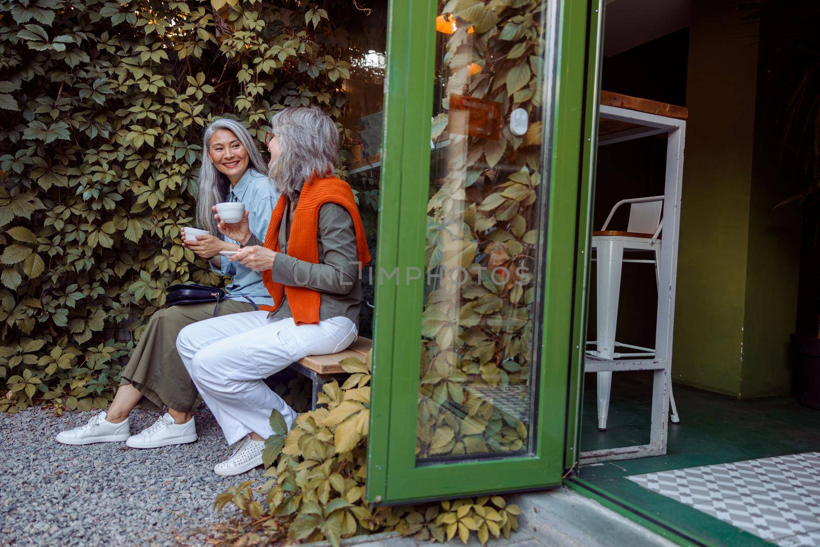 Cheerful senior ladies friends with cups of drinks sit on bench near wall covered with green ivy in cafe yard. Long-time friendship