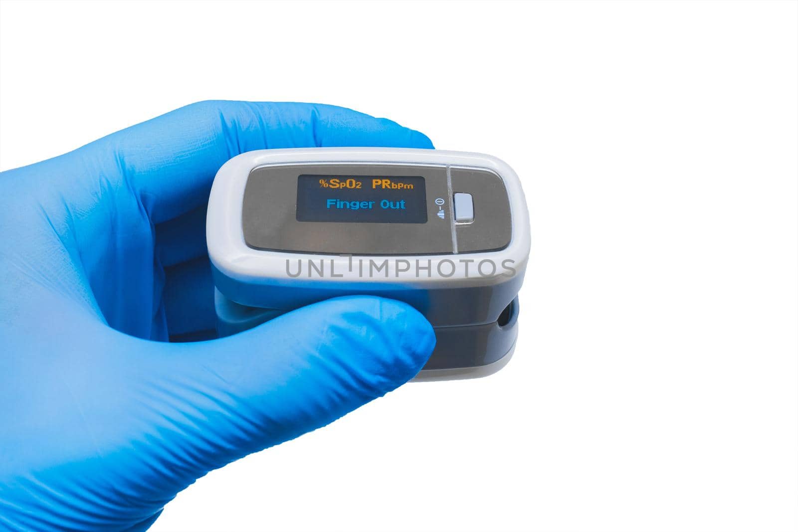 Doctor hand in protective medical gloves holding modern fingertip pulse oximeter on a white background, isolated.