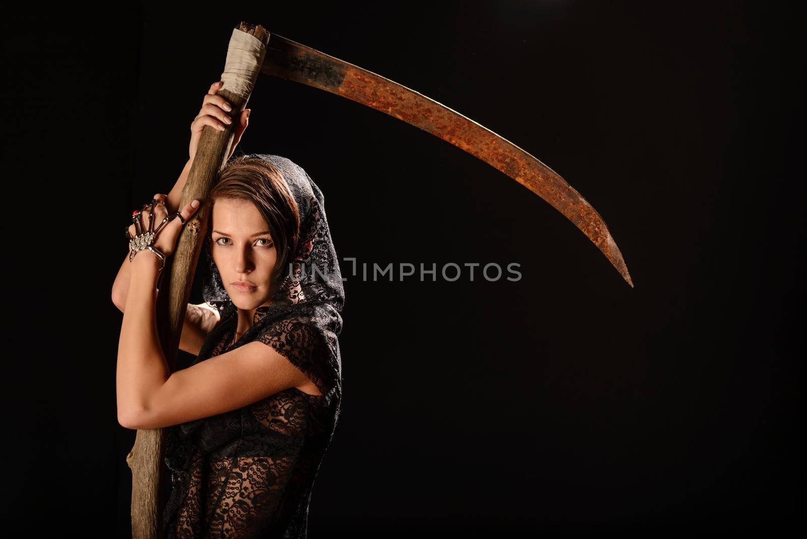Girl in a black lace smock with scythe of death. by zartarn