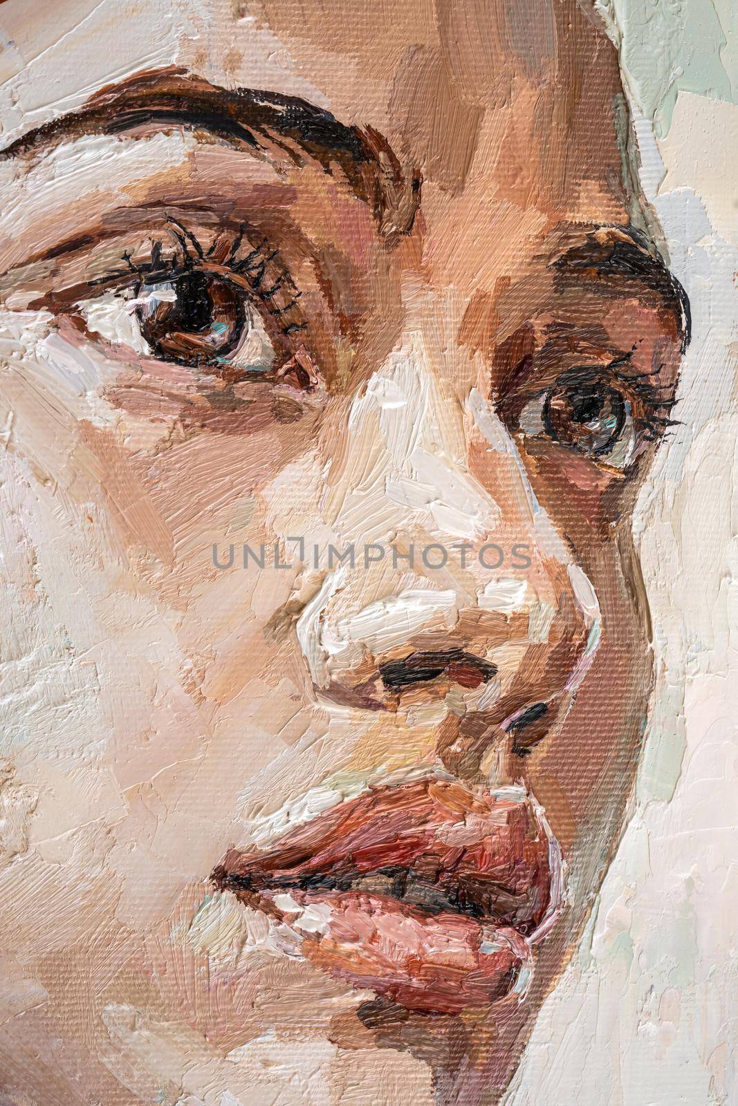 Brown-eyed girl on a white background. Portrait of brown haird women. Oil painting on canvas.