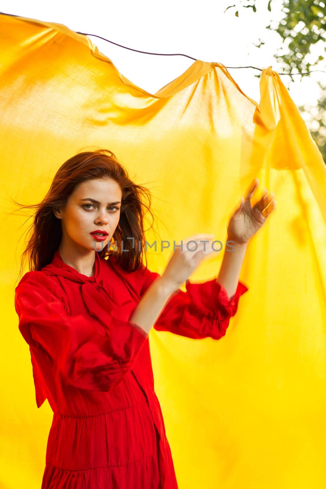 pretty woman in red dress nature yellow cloth on background. High quality photo
