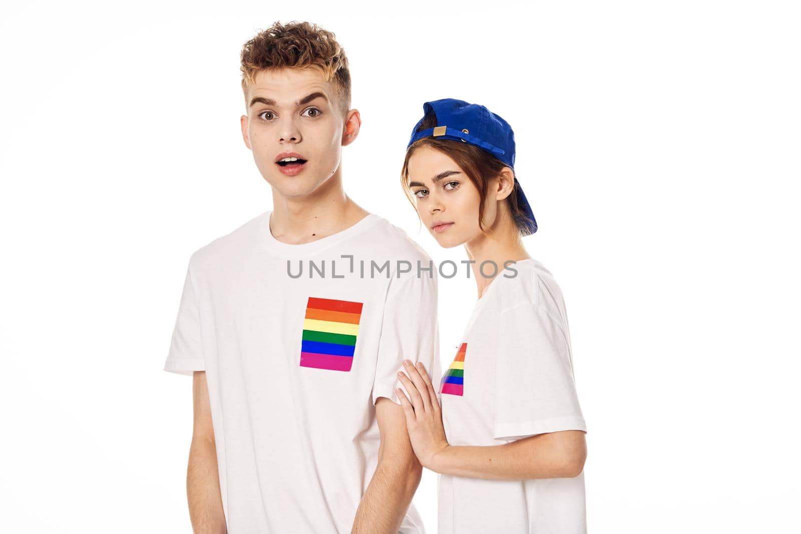 young couple lgbt Flag transgender lifestyle light background. High quality photo